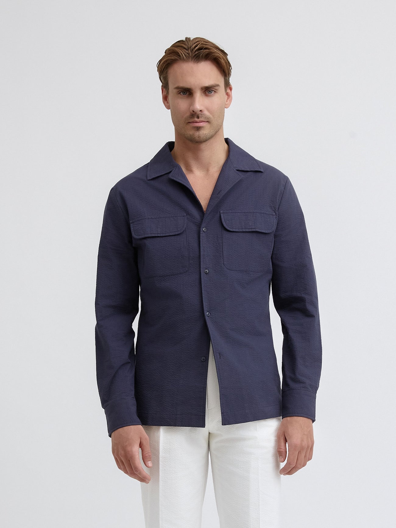 Navy Seersucker Camp Shirt - Grand Le Mar