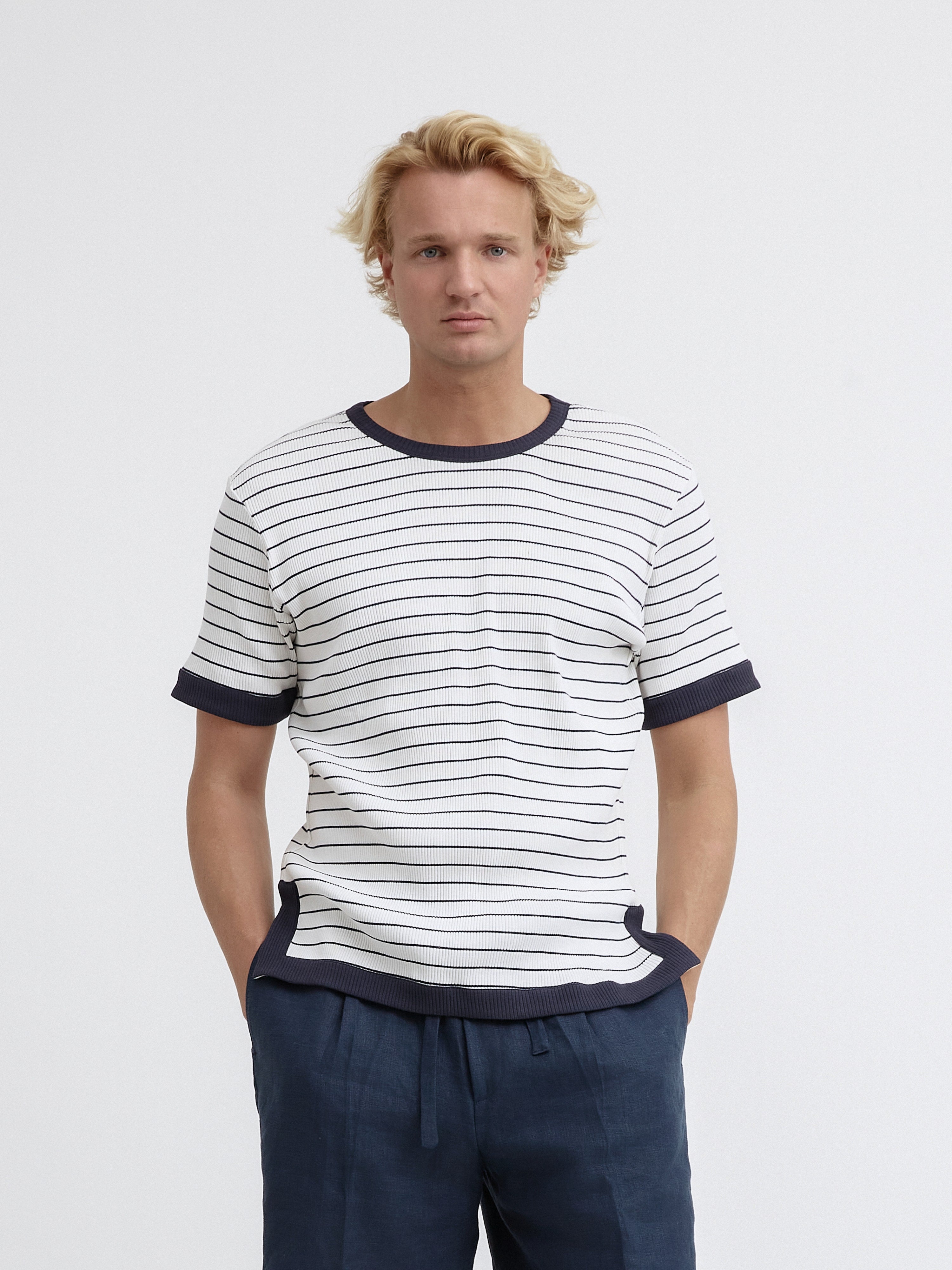 Navy White Piped Cotton T-Shirt - Grand Le Mar