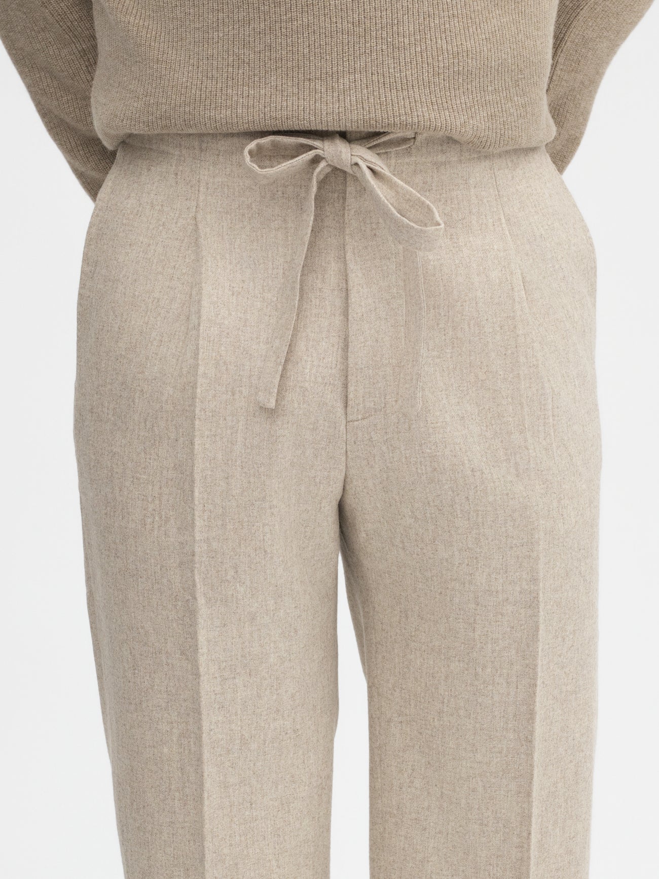 Oatmeal Flannel Wool Drawstring Trousers (Wide Fit) - Grand Le Mar