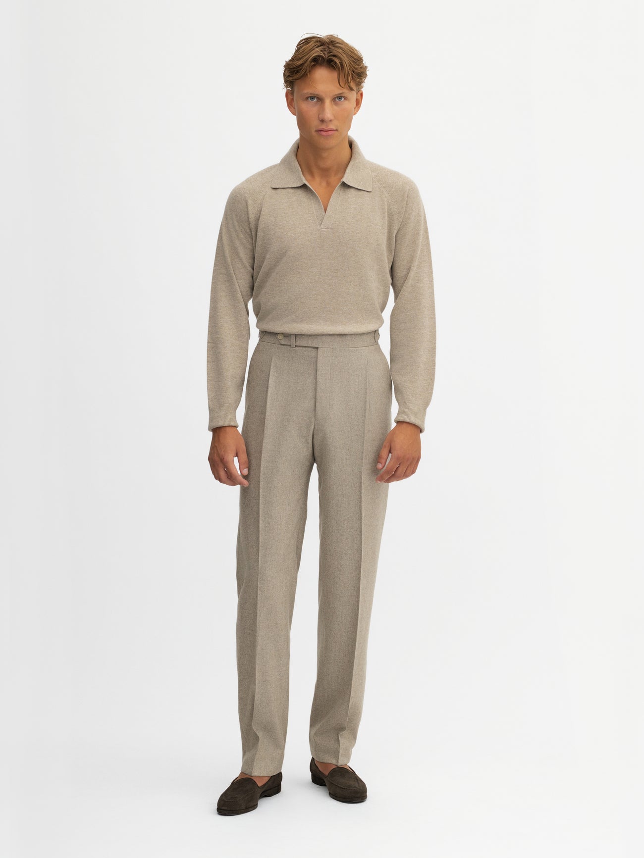 Taupe Wool Flannel Oscar Trousers (Wide Fit) - Grand Le Mar