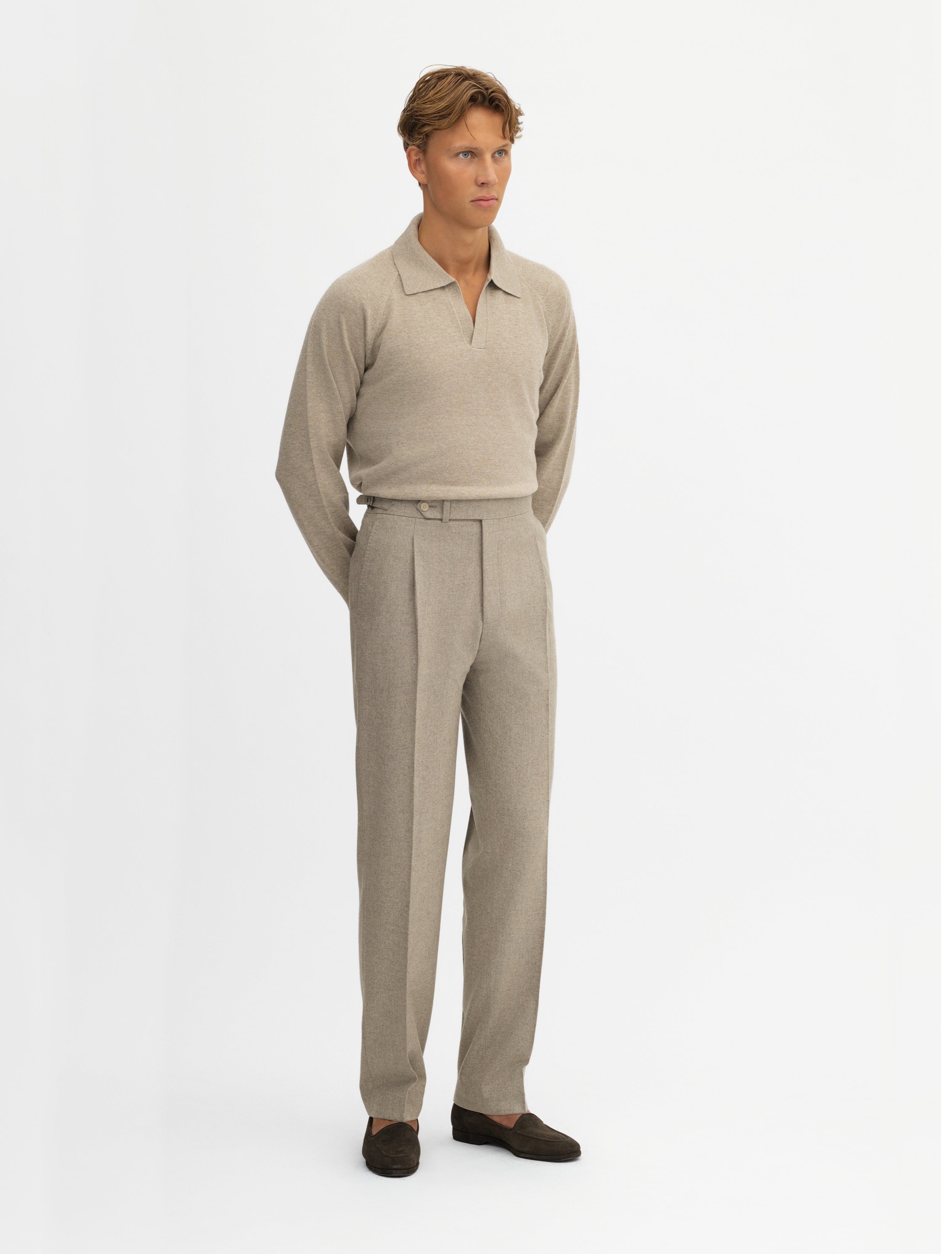 Taupe Wool Flannel Oscar Trousers (Wide Fit) - Grand Le Mar