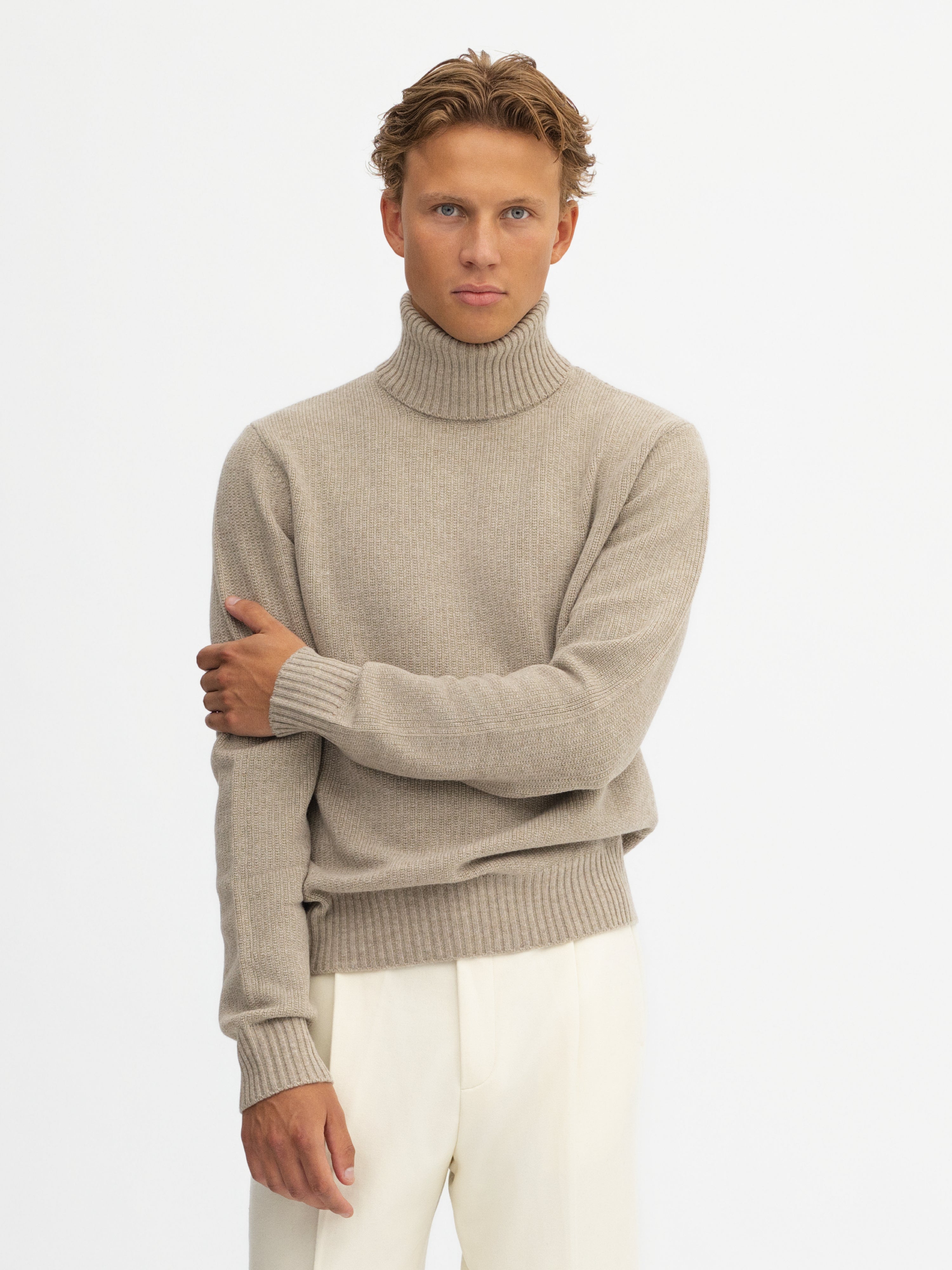 Taupe Merino Wool Cashmere Turtleneck - Grand Le Mar