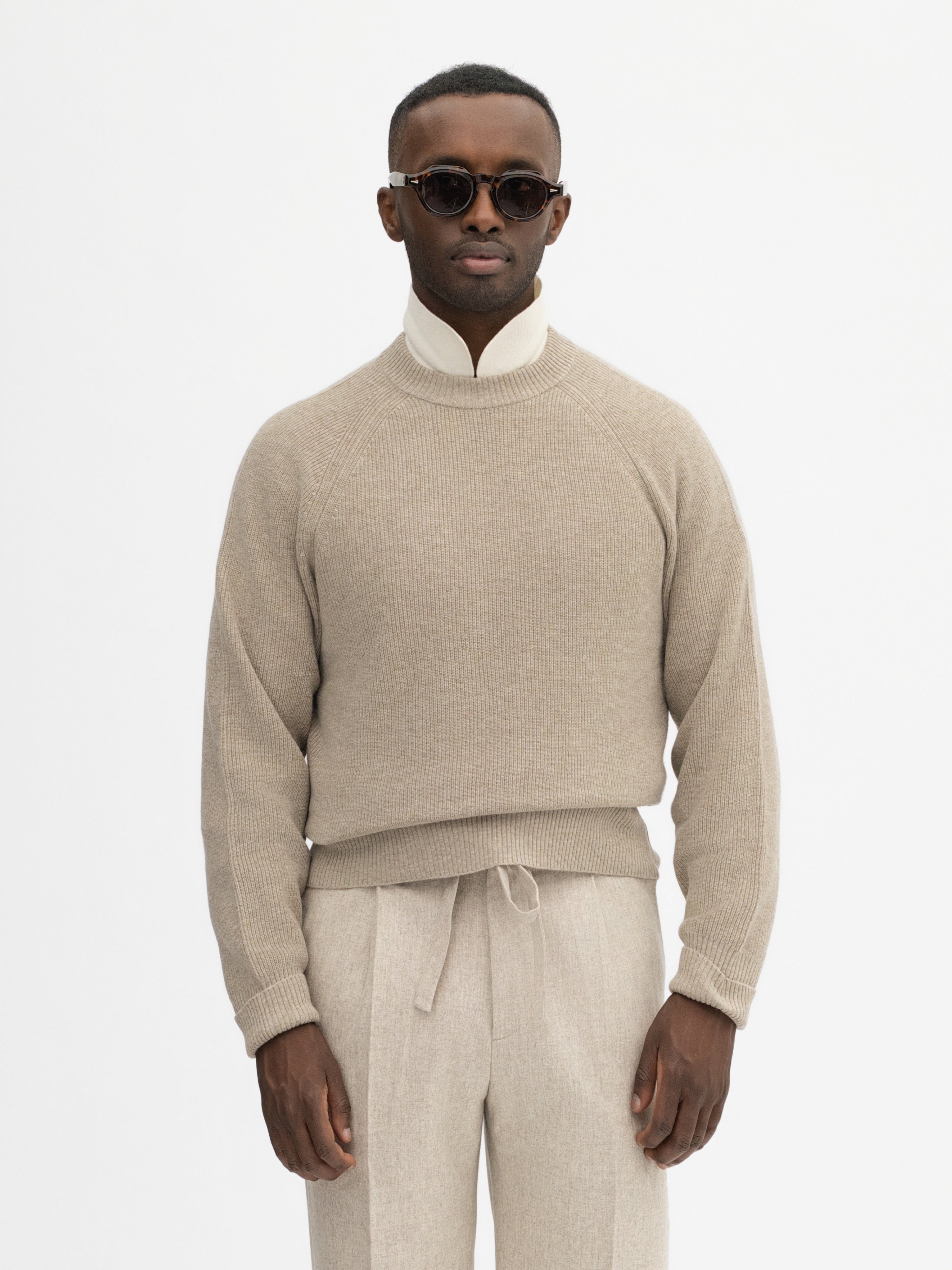 Taupe Merino Wool Cashmere Raglan Crewneck - Grand Le Mar