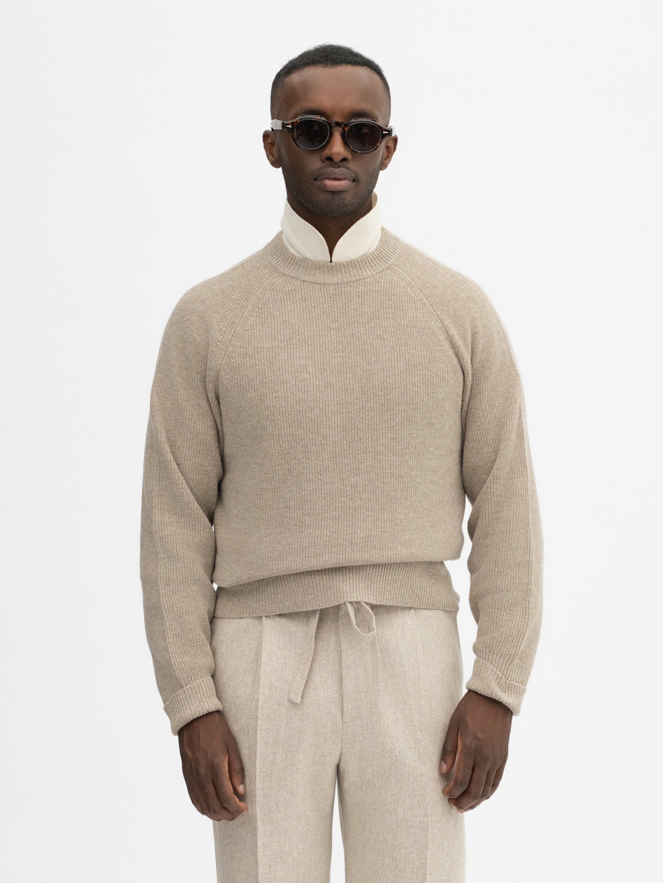 Taupe Merino Wool Cashmere Raglan Crewneck - Grand Le Mar