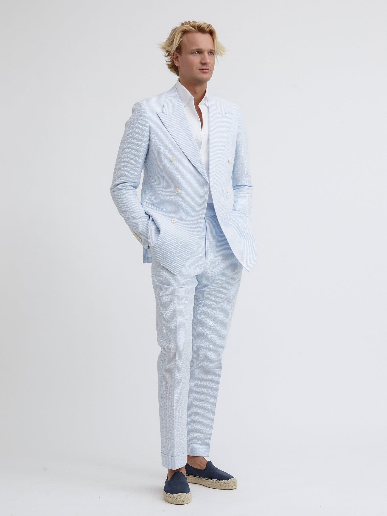 White Blue Striped Seersucker Suit - Grand Le Mar