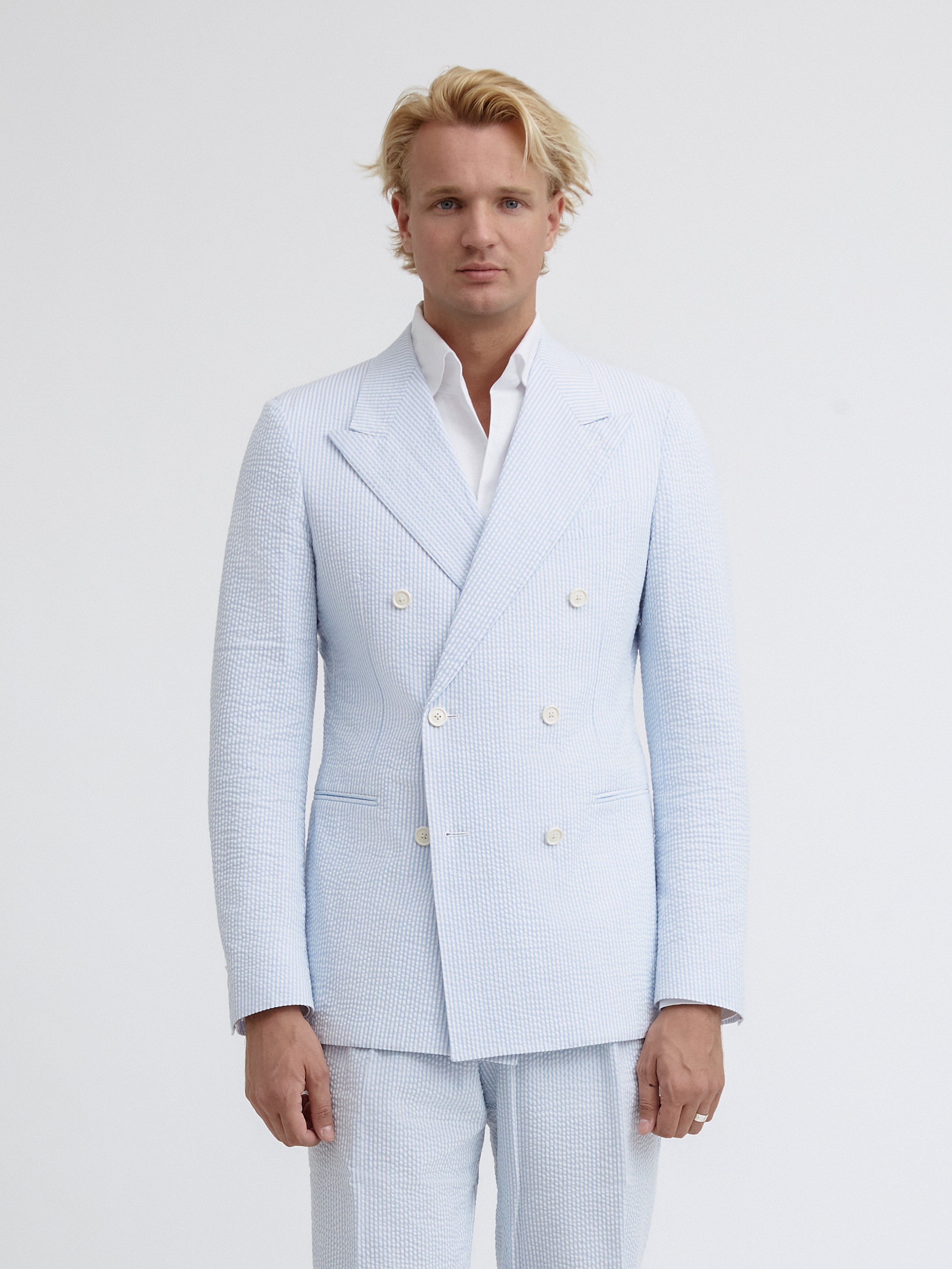 White Blue Striped Seersucker Suit - Grand Le Mar