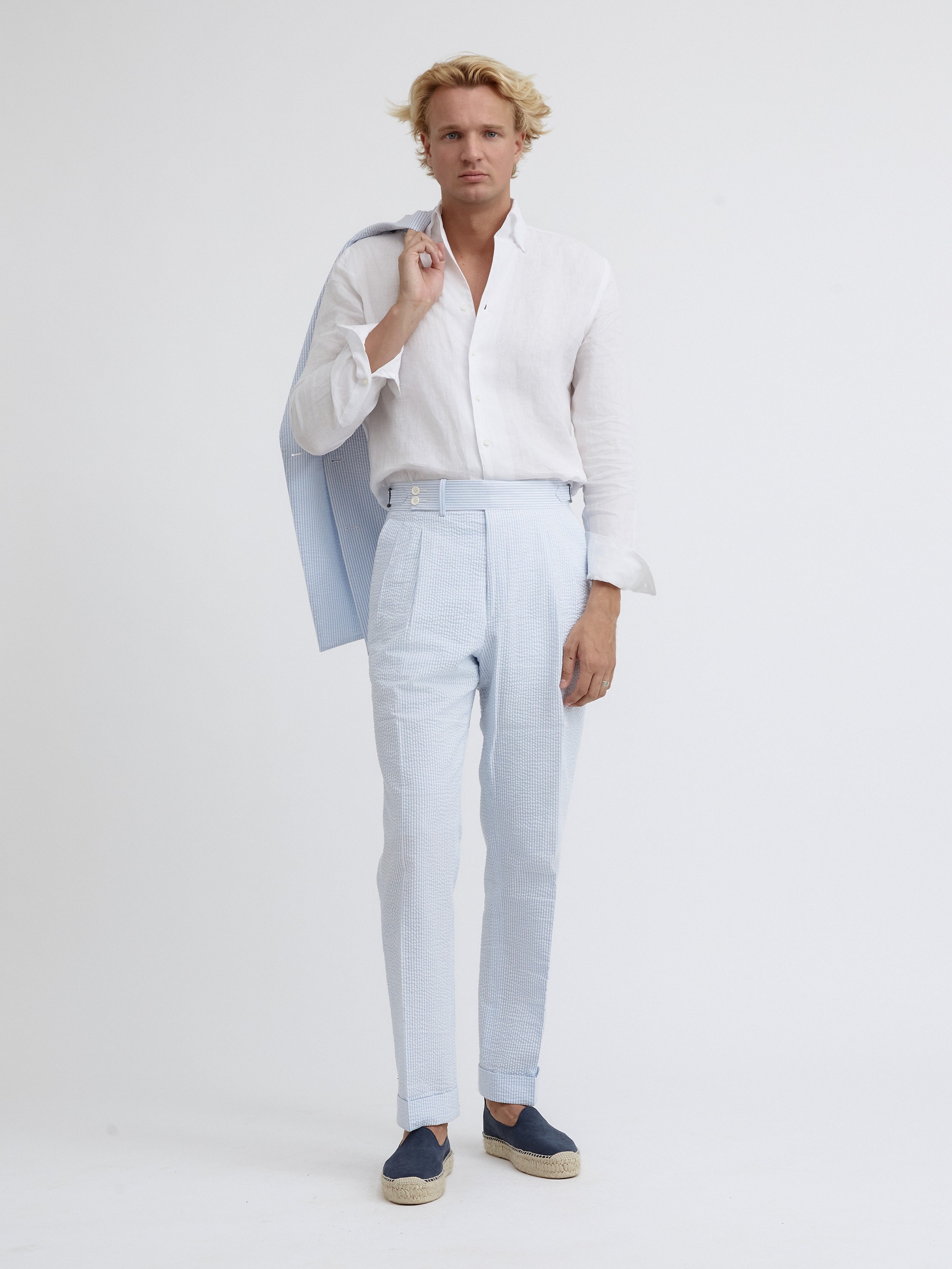 White Blue Striped Seersucker Suit - Grand Le Mar