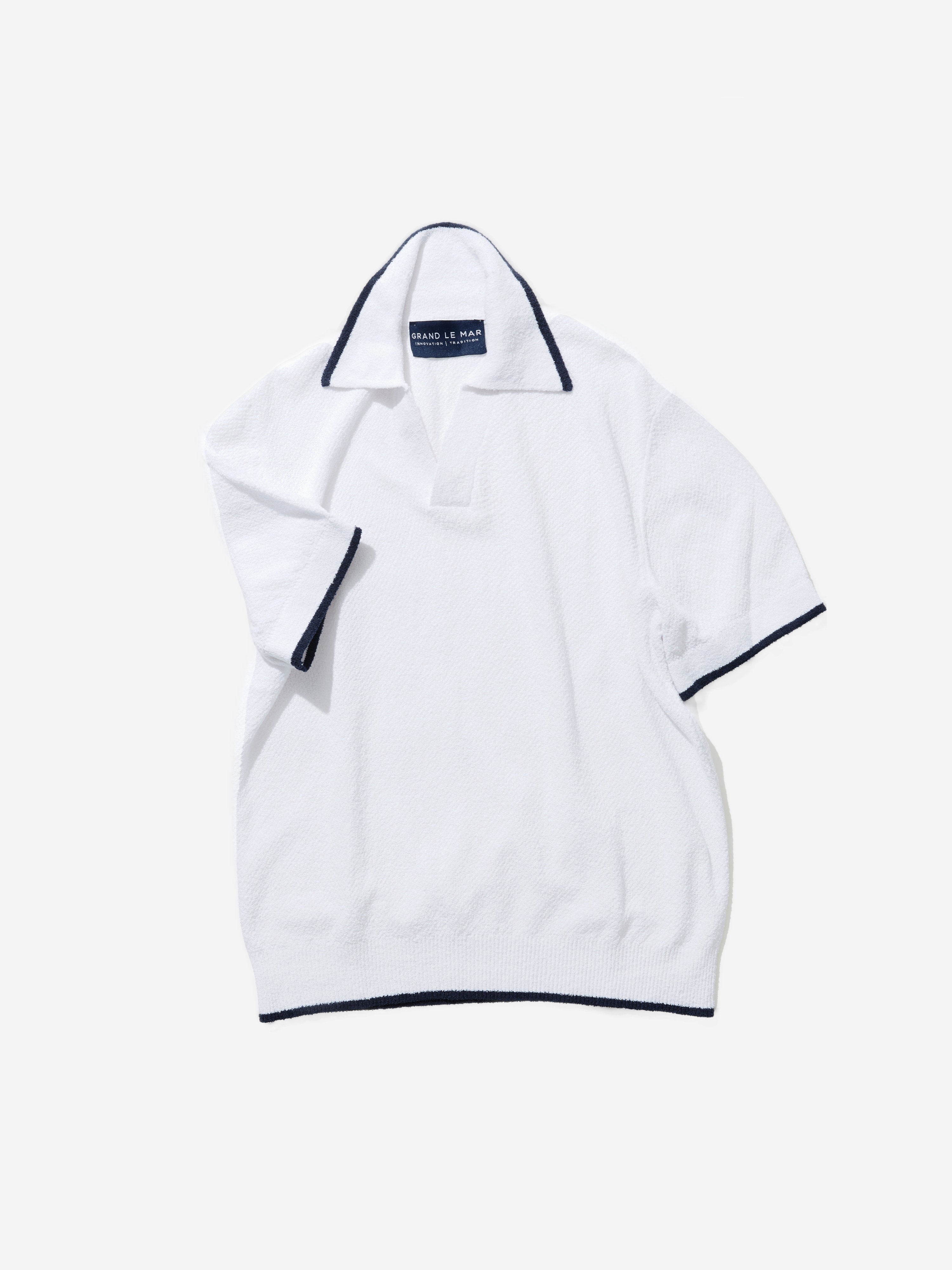 White Bouclé Piped Polo - Grand Le Mar