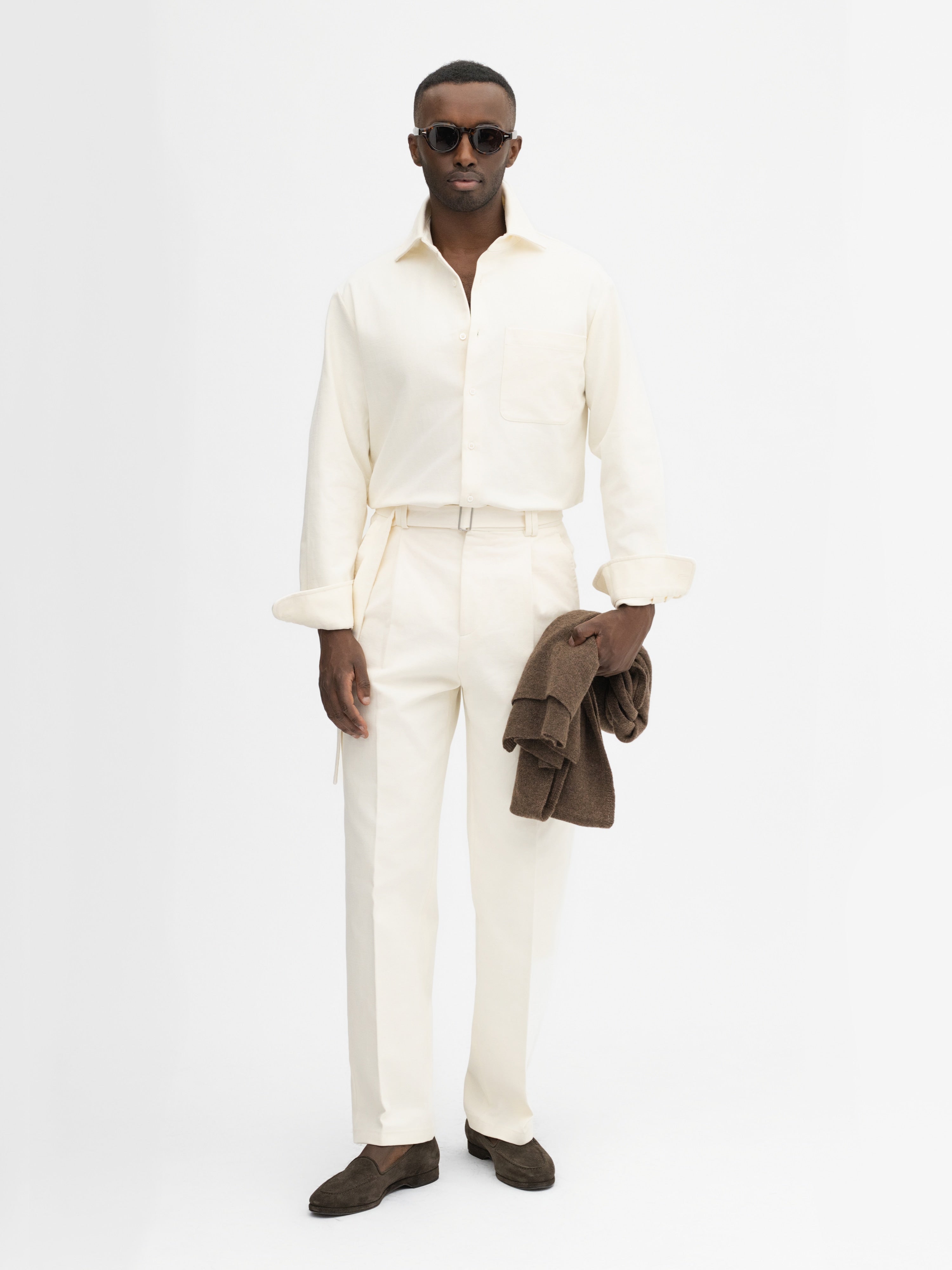 Ivory Cotton Belted Trousers (Wide Fit) - Grand Le Mar