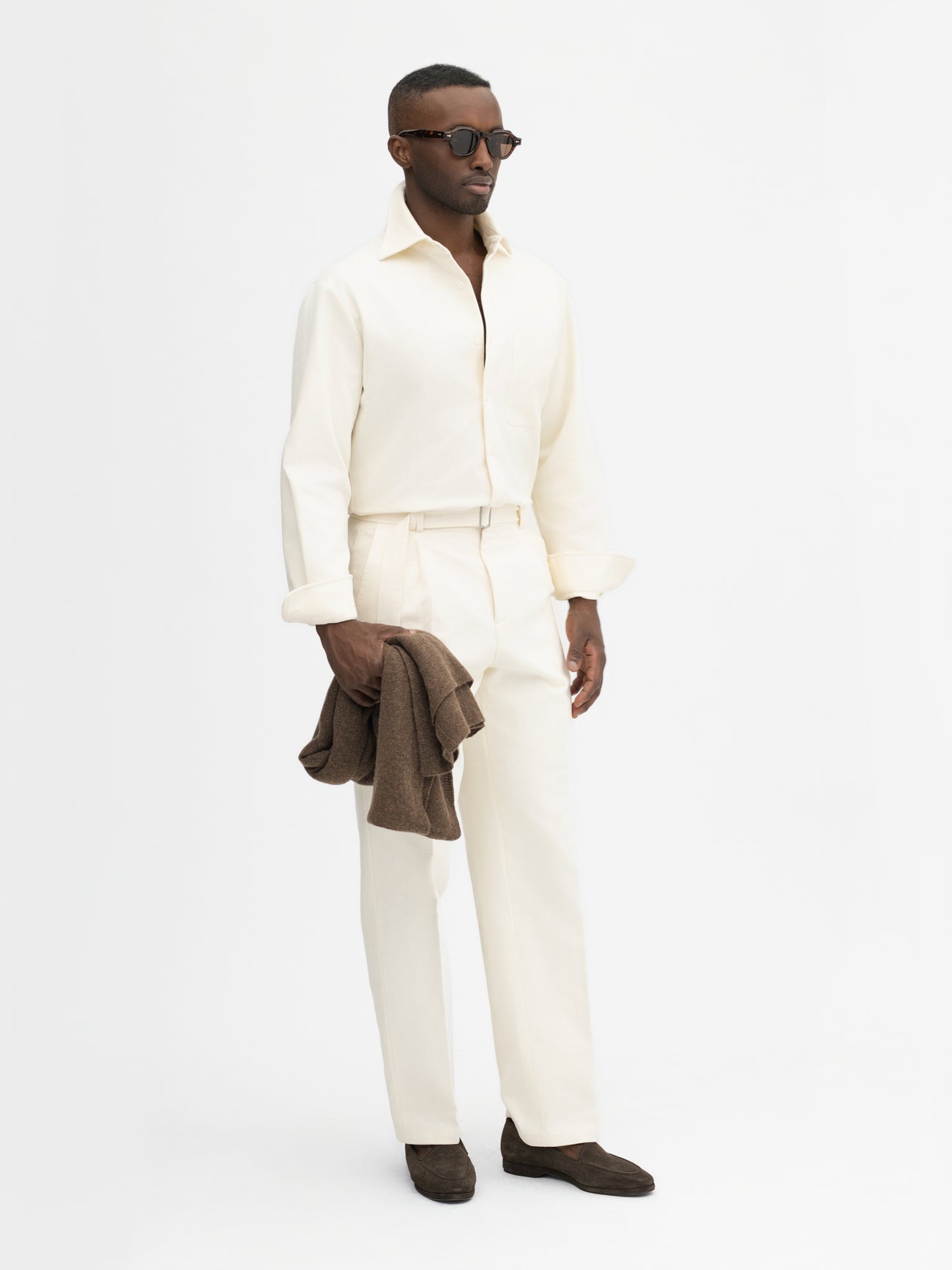 Ivory Cotton Belted Trousers (Wide Fit) - Grand Le Mar