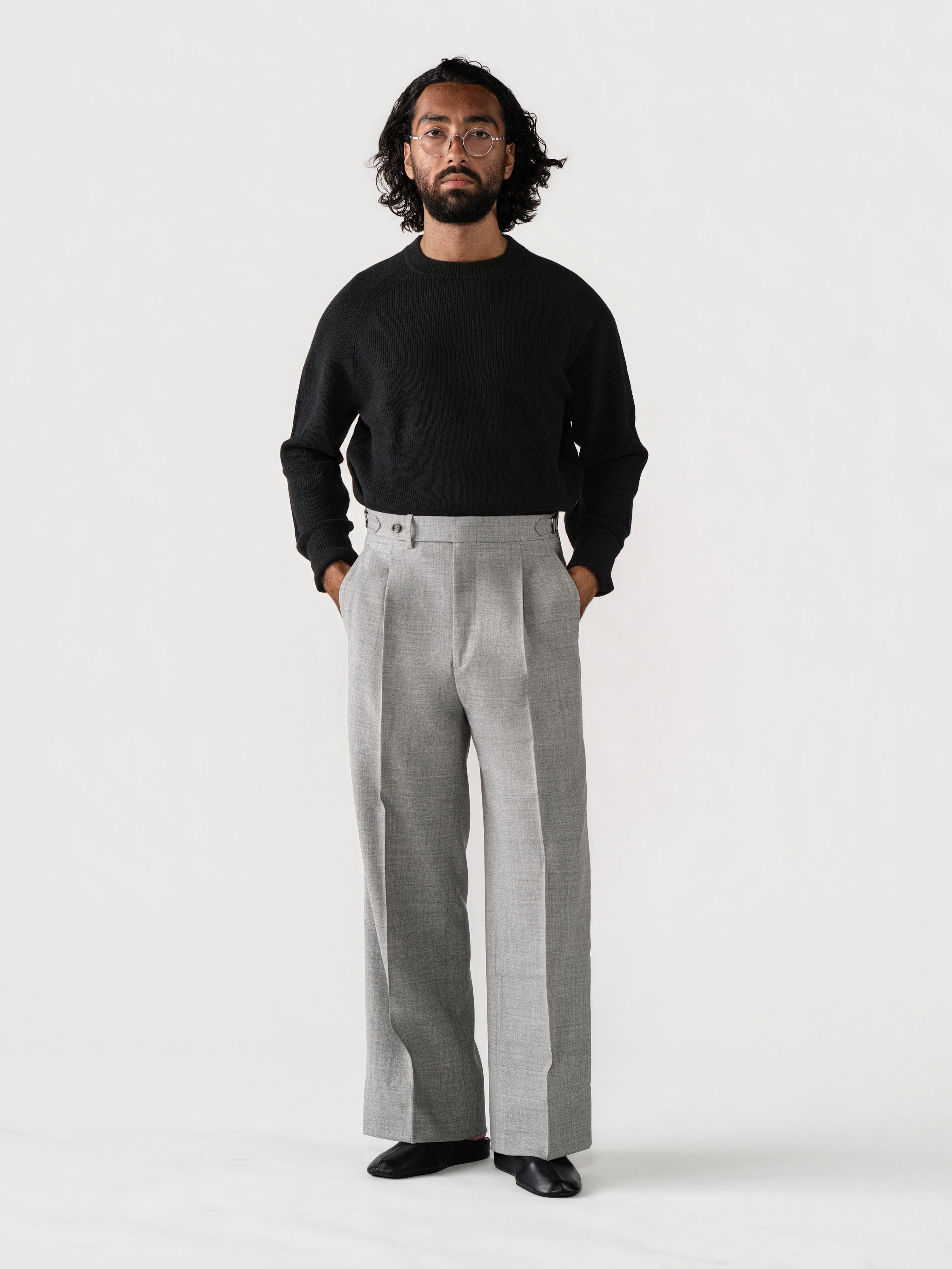 Light Grey High Twist Wool Trousers (Extra Wide Fit)