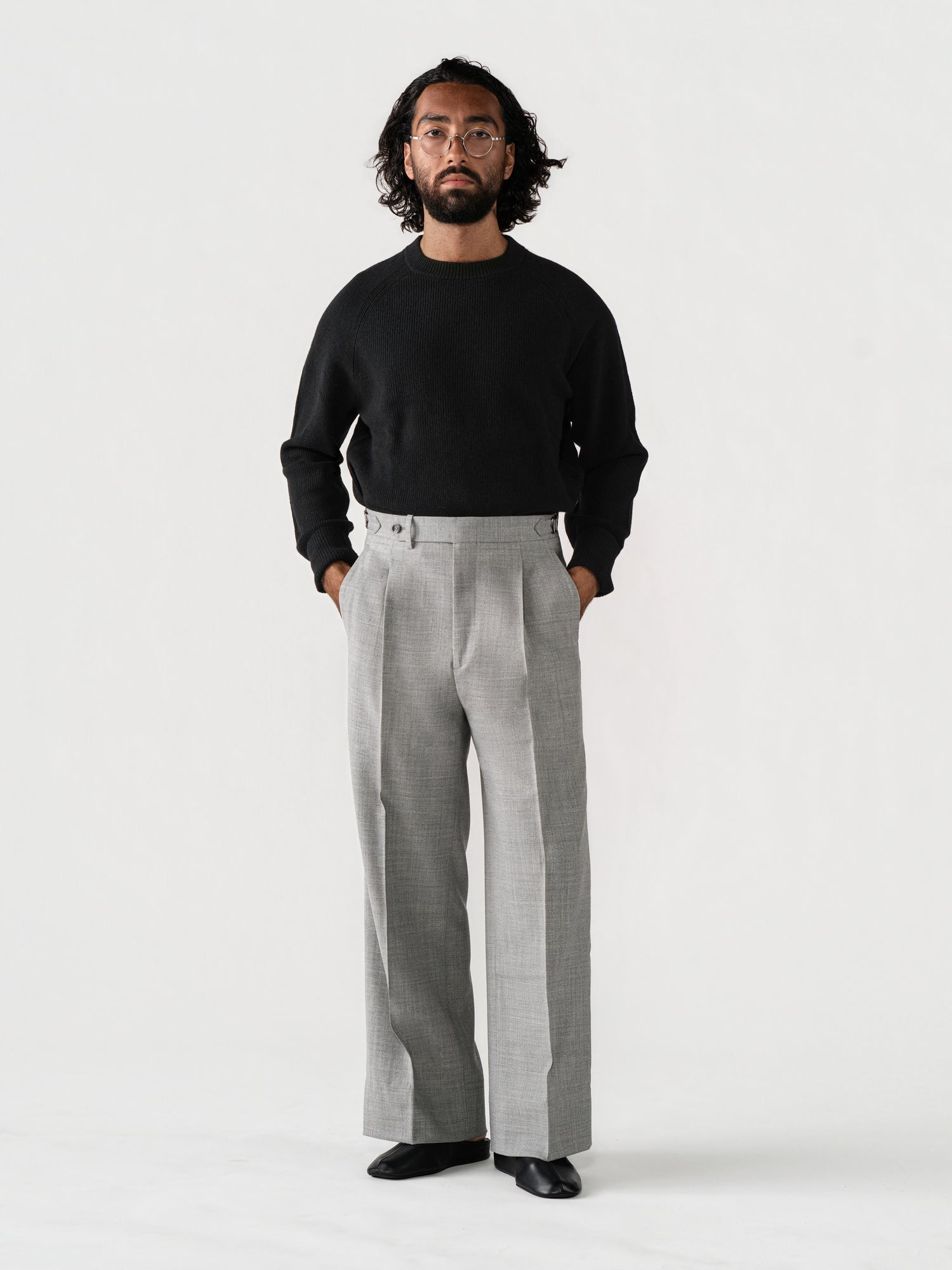 Light Grey High Twist Wool Trousers (Extra Wide Fit)