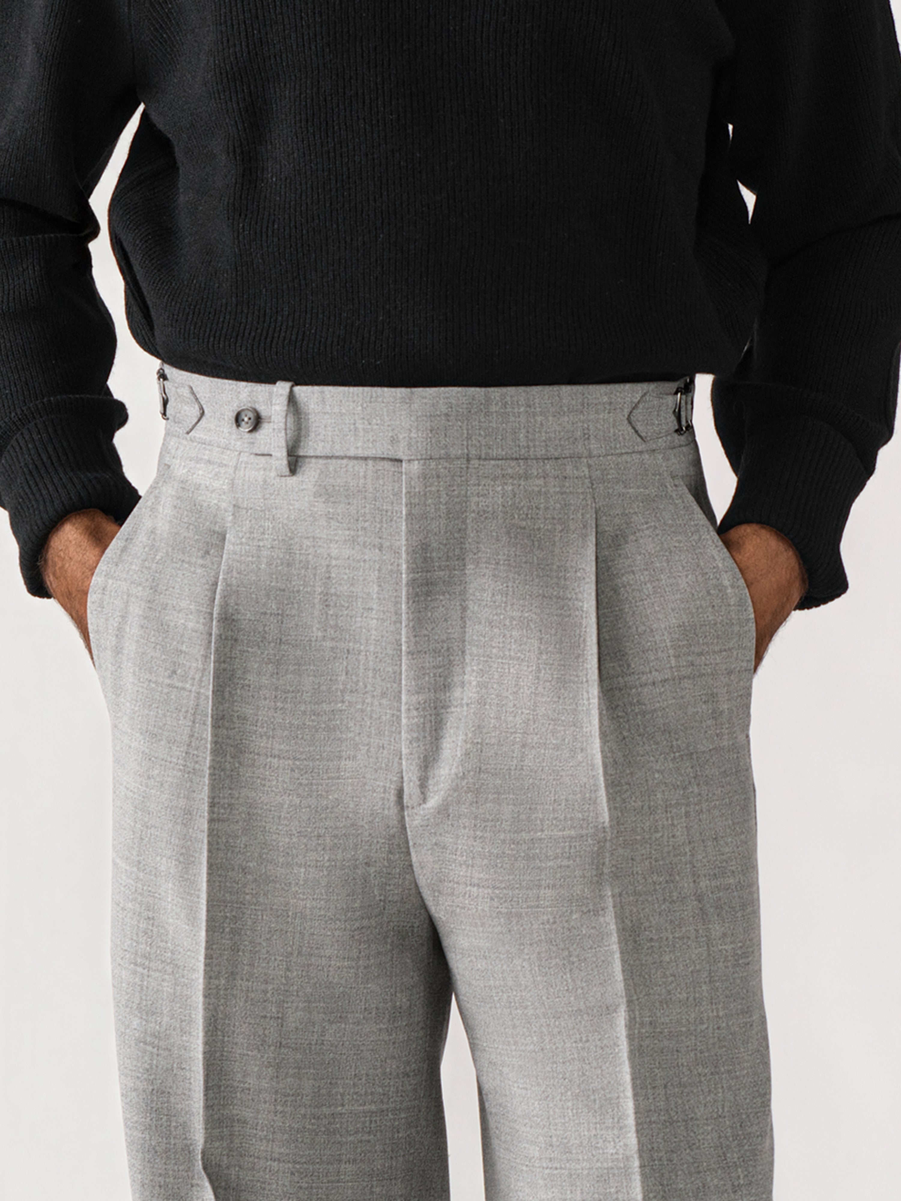 Light Grey High Twist Wool Trousers (Extra Wide Fit)