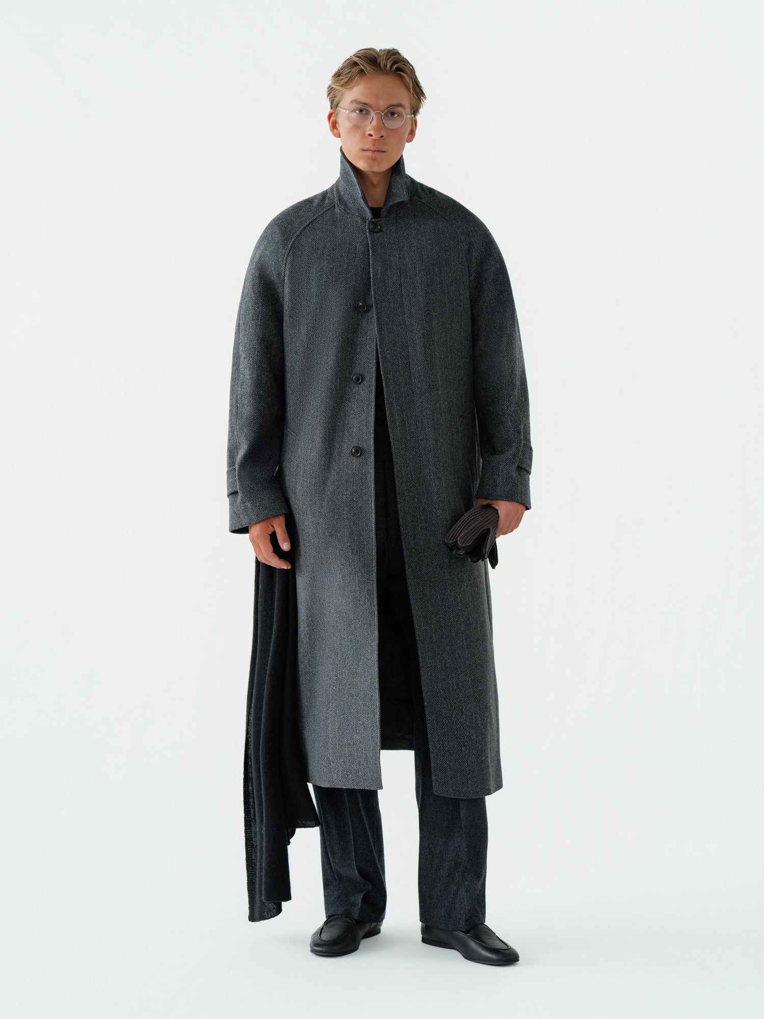 Charcoal Herringbone Wool Cashmere Raglan Coat