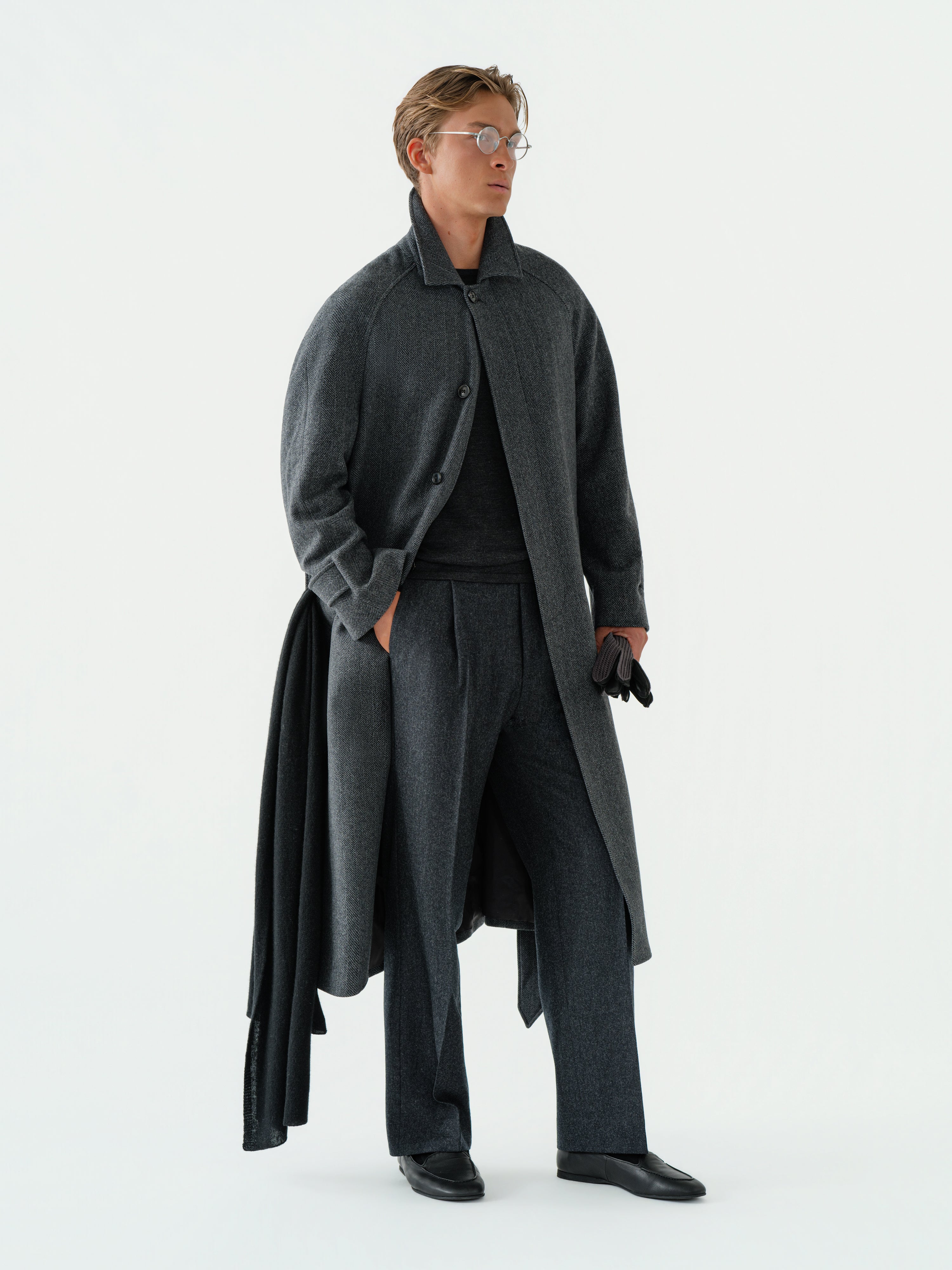 Charcoal Herringbone Wool Cashmere Raglan Coat
