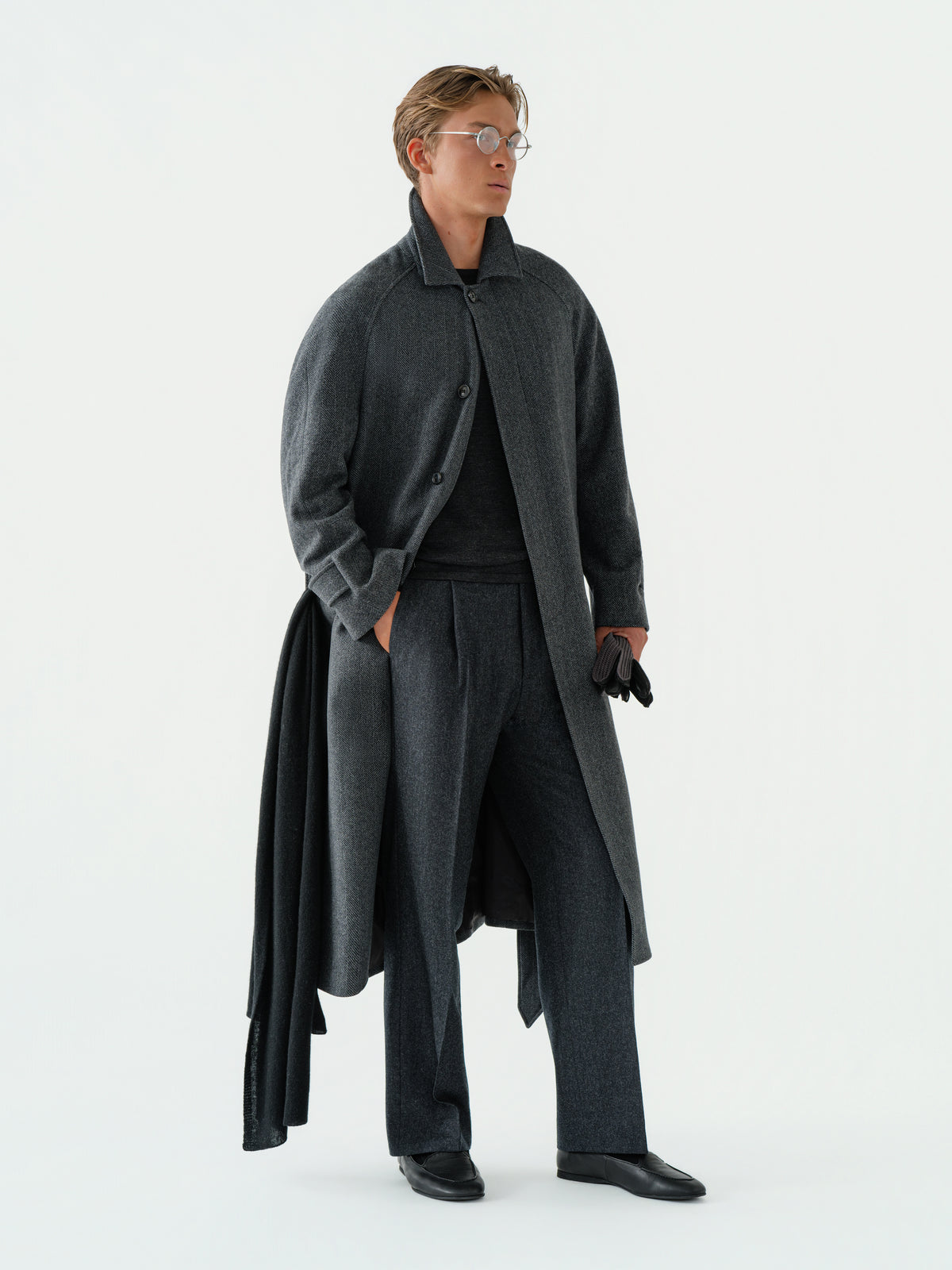 Charcoal Herringbone Wool Cashmere Raglan Coat