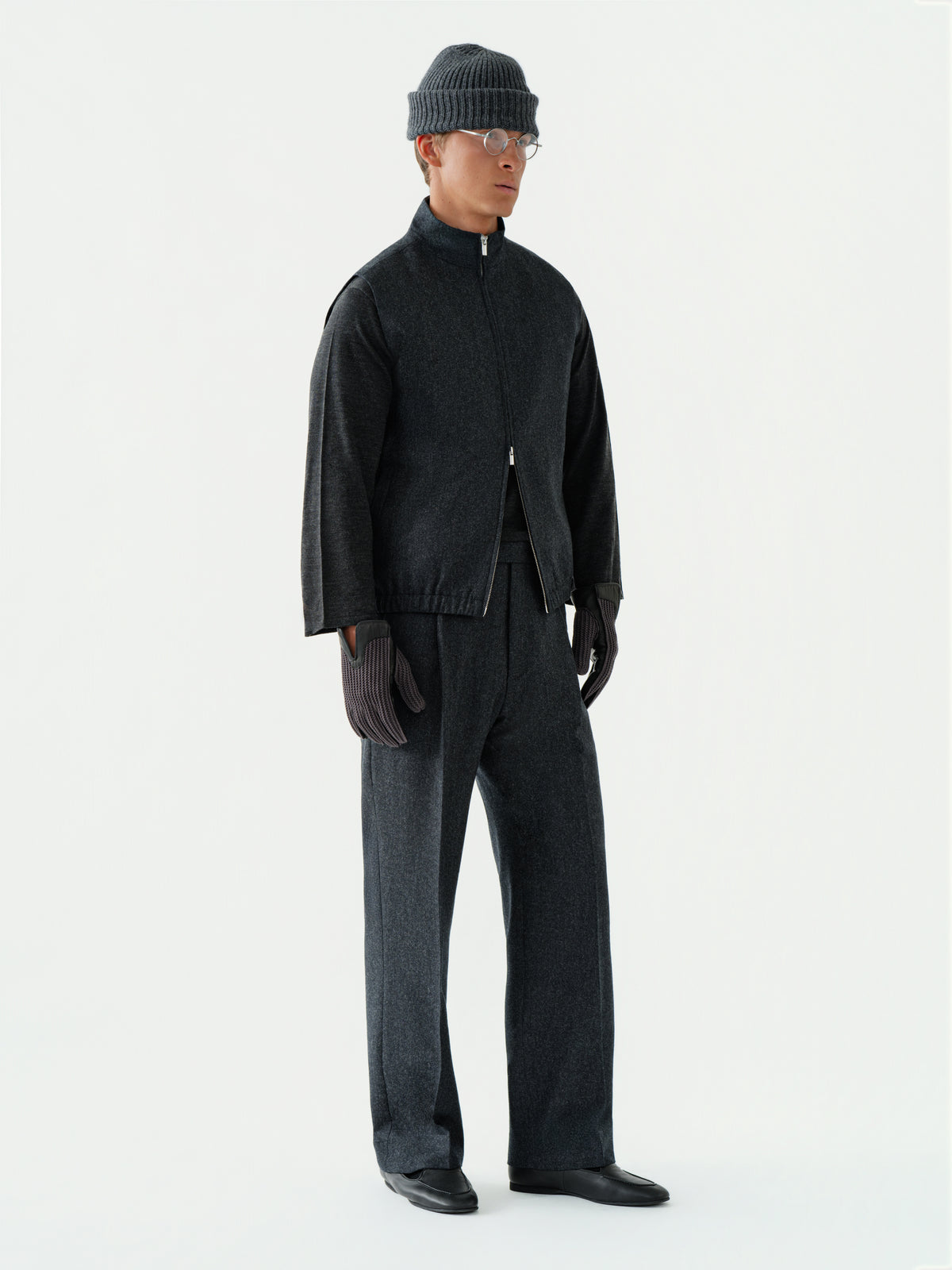 Charcoal Flannel Wool Trousers (Wide Fit)