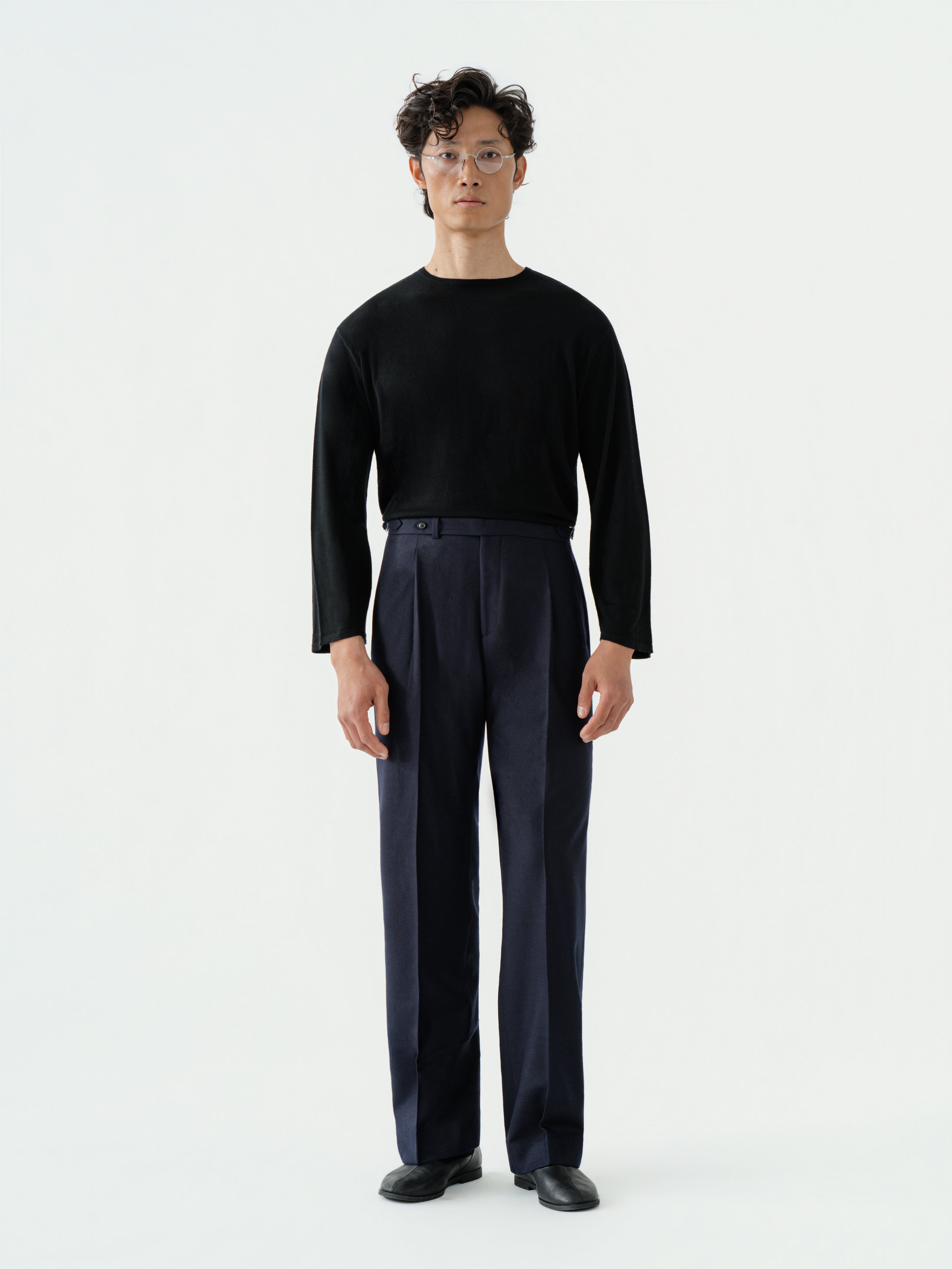 Navy Flannel Wool Trousers (Wide Fit)
