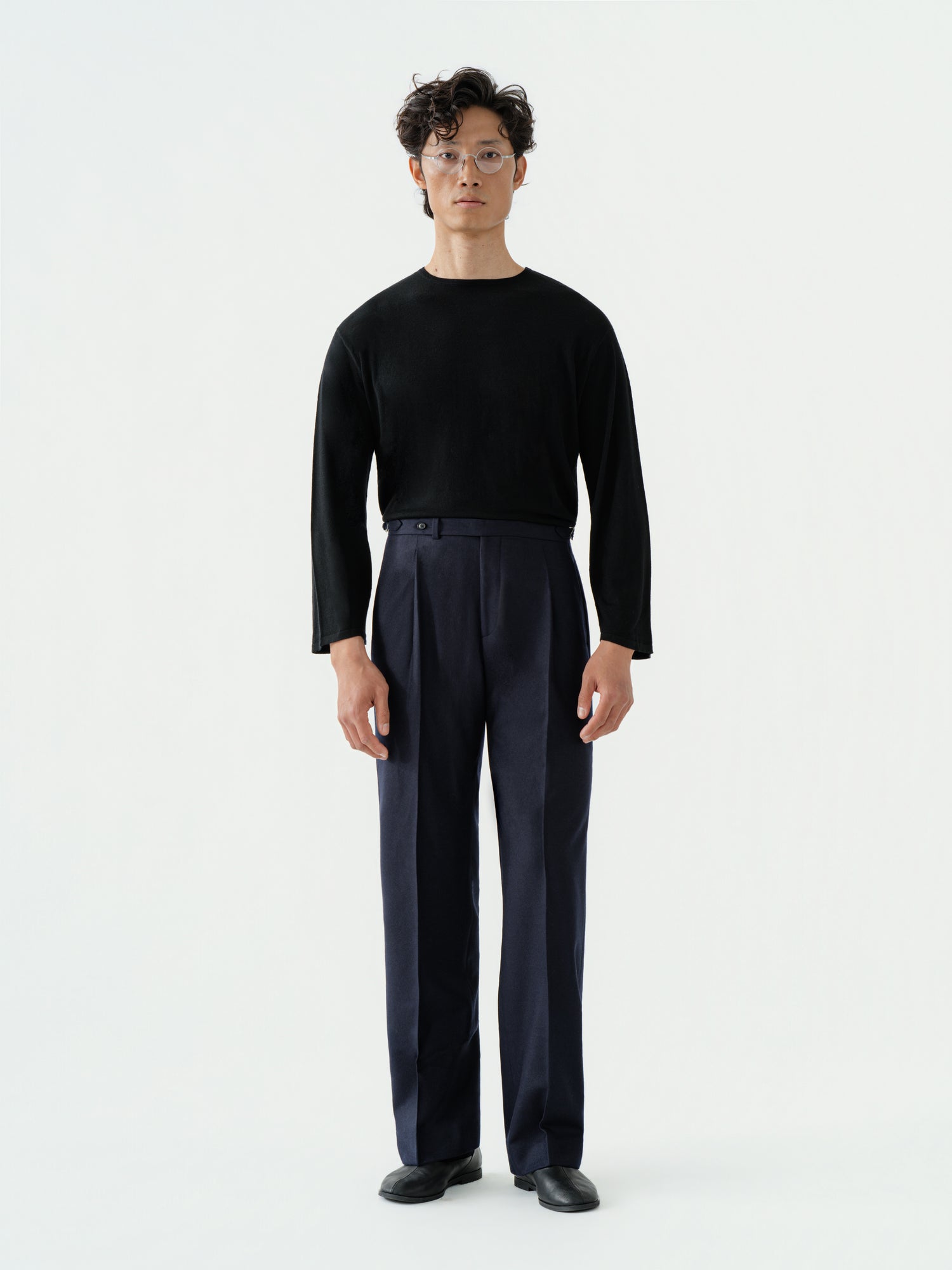 Navy Flannel Wool Trousers (Wide Fit)