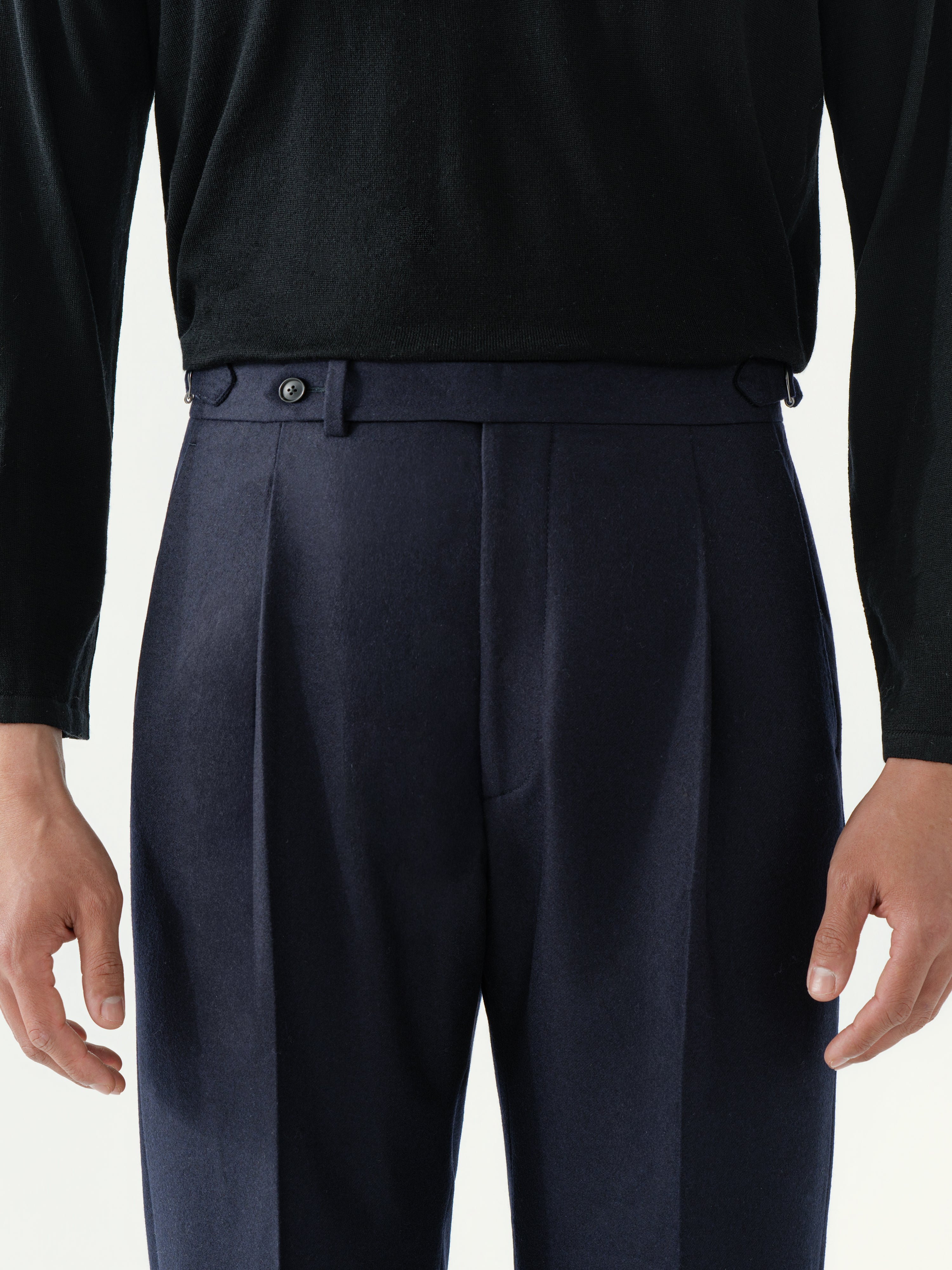 Navy Flannel Wool Trousers (Wide Fit)
