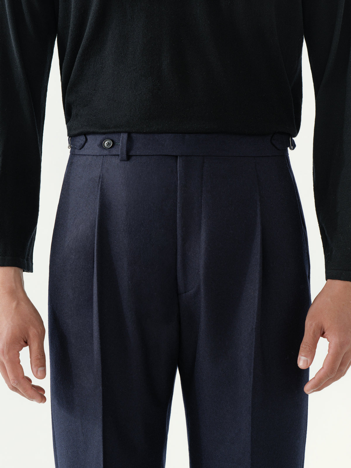 Navy Flannel Wool Trousers (Wide Fit)