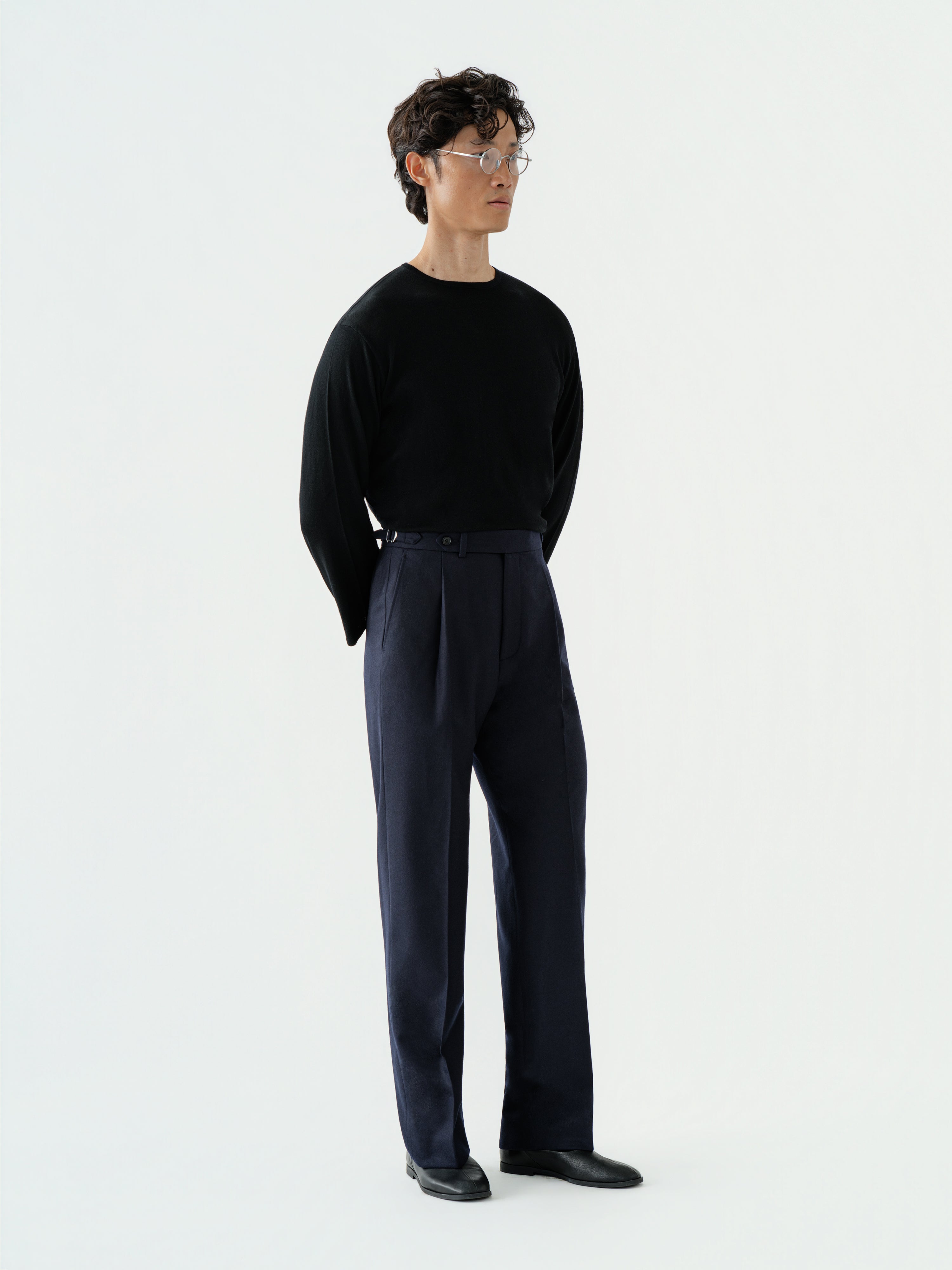 Navy Flannel Wool Trousers (Wide Fit)