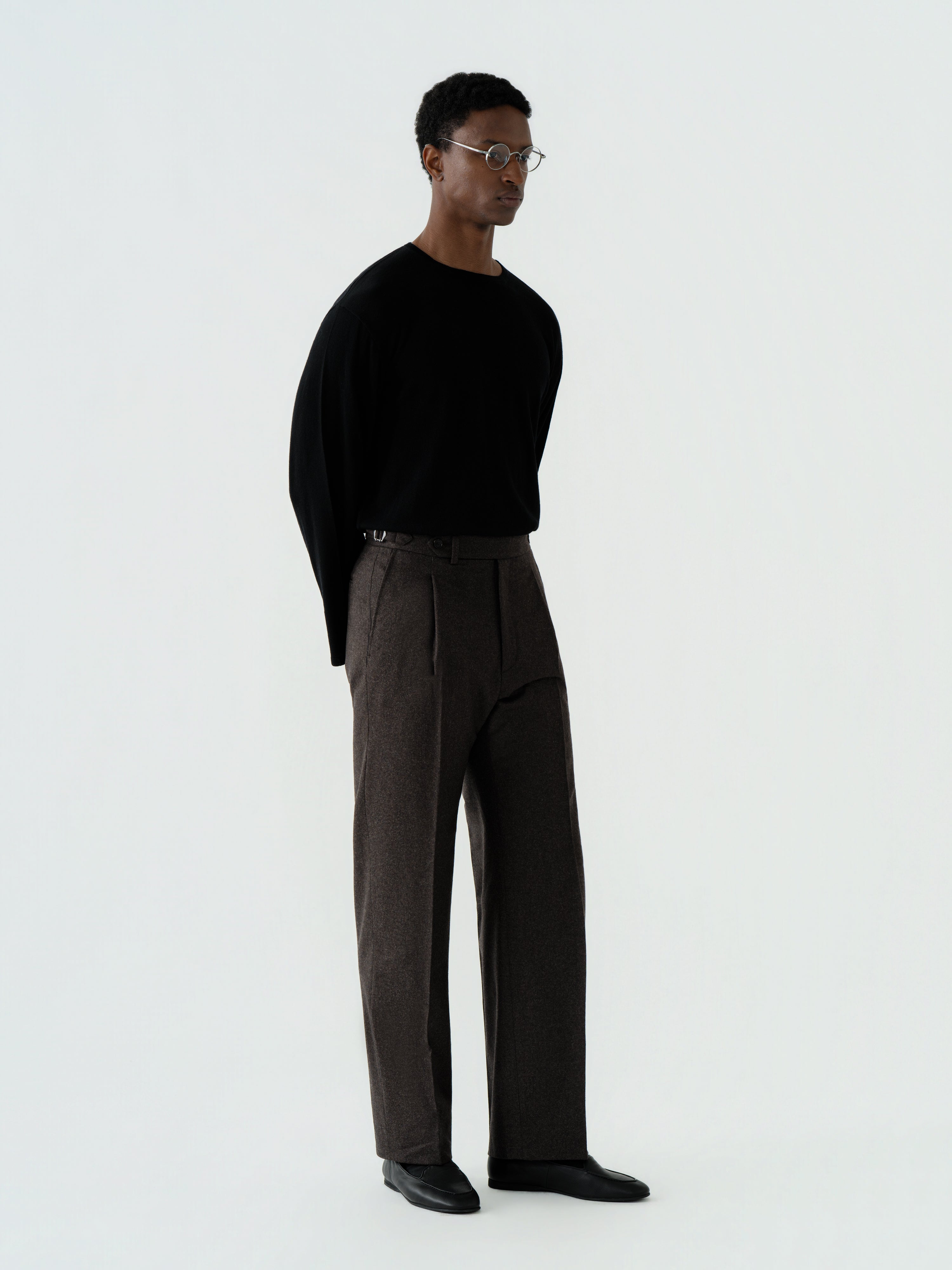 Brown Flannel Wool Trousers (Wide Fit)