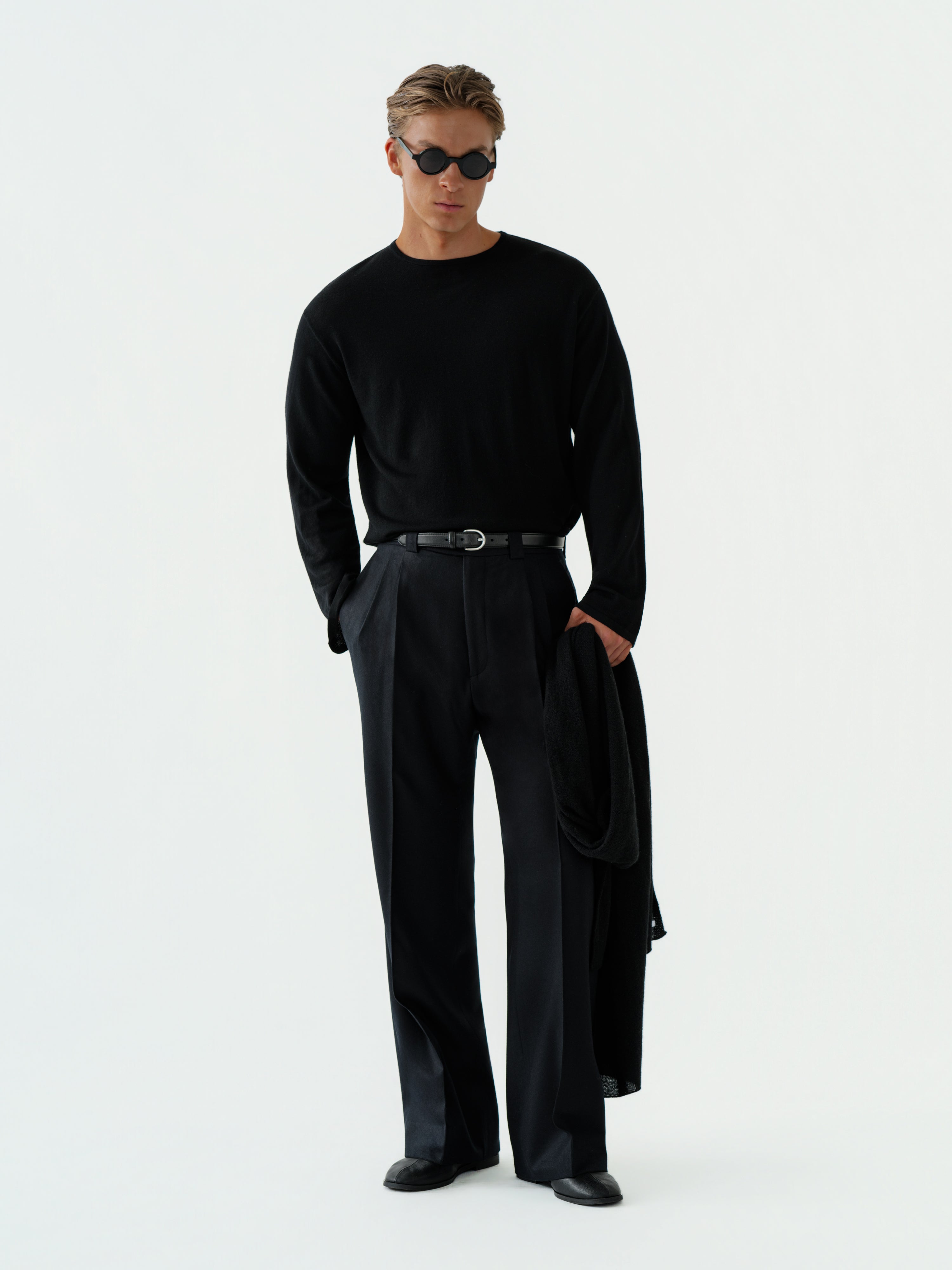 Black Flannel Wool Belt Trousers (Extra Wide Fit)