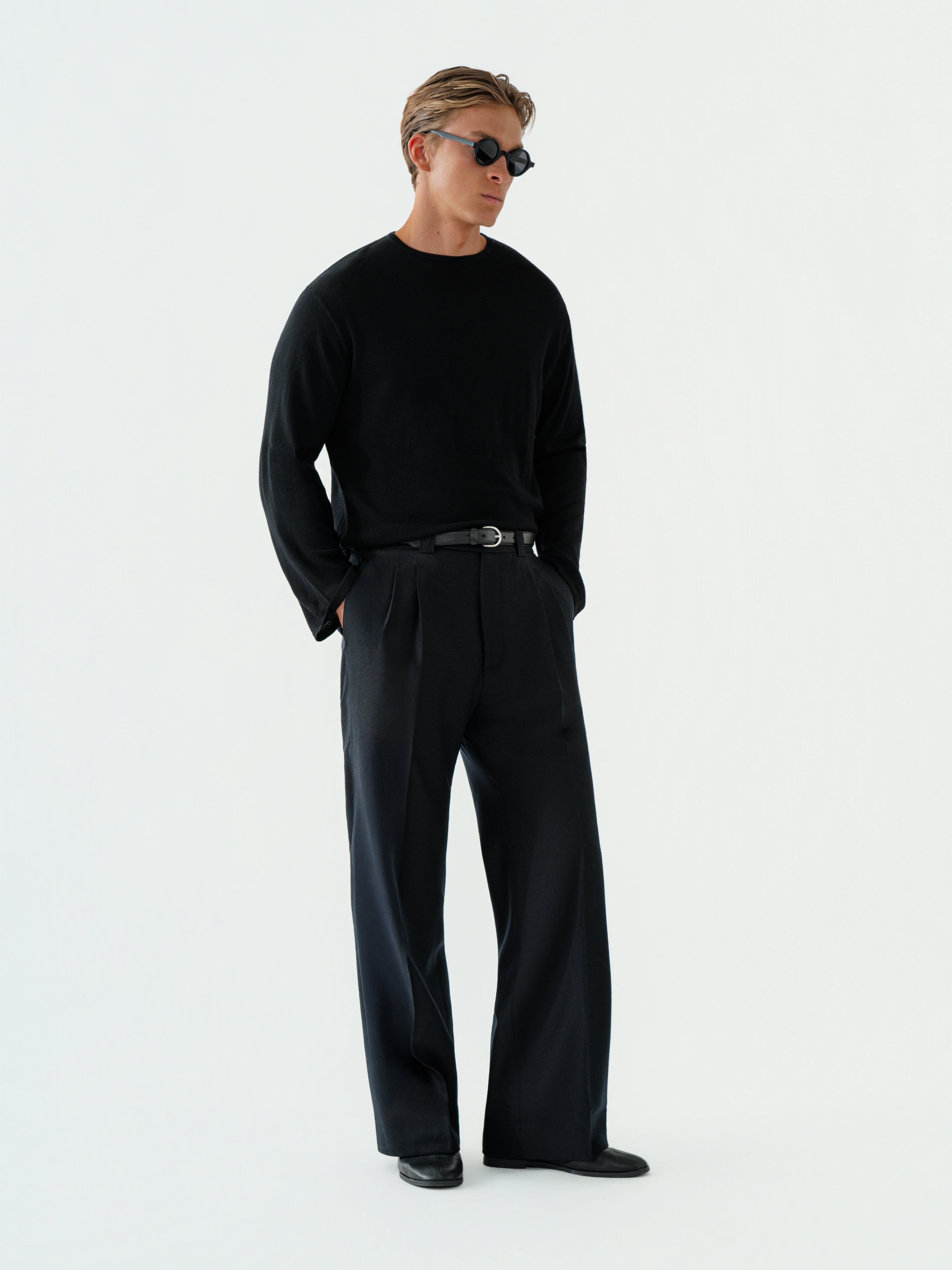 Black Flannel Wool Belt Trousers (Extra Wide Fit)