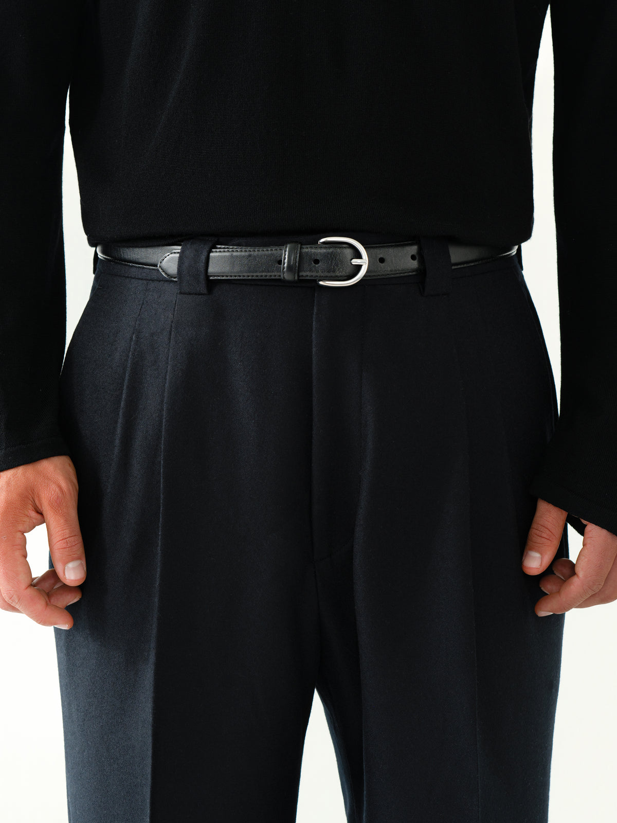 Black Flannel Wool Belt Trousers (Extra Wide Fit)