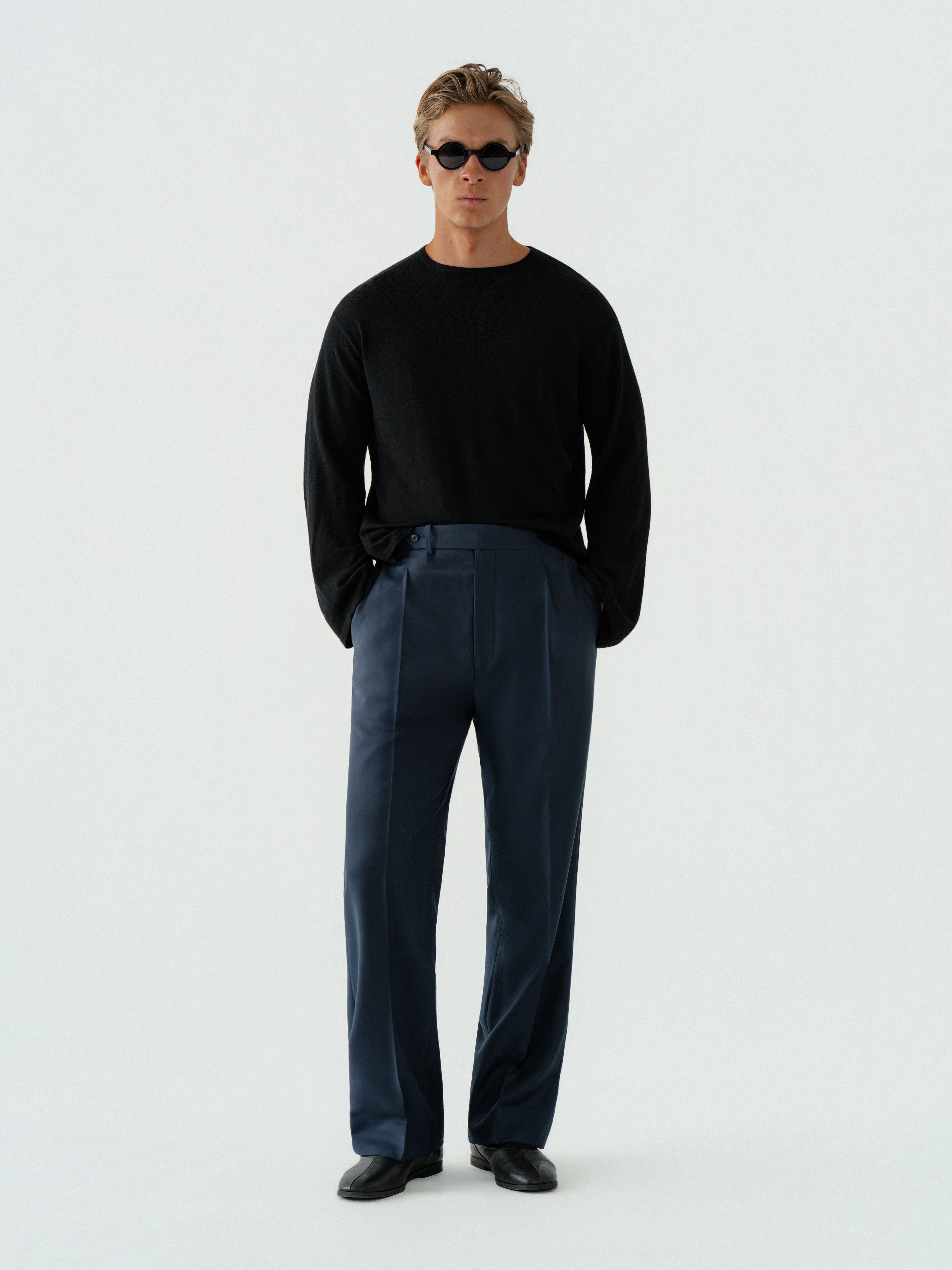 Navy Wool Trousers (Wide Fit)
