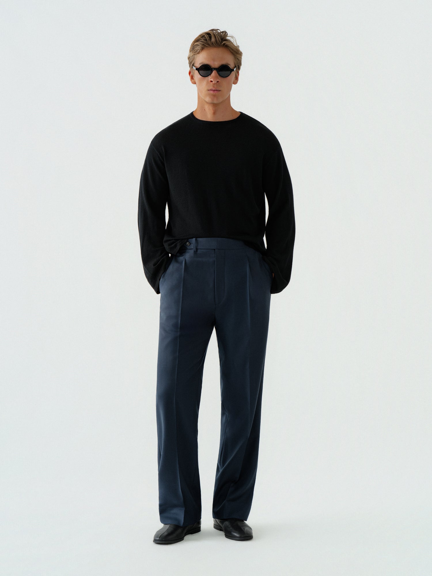 Navy Wool Trousers (Wide Fit)