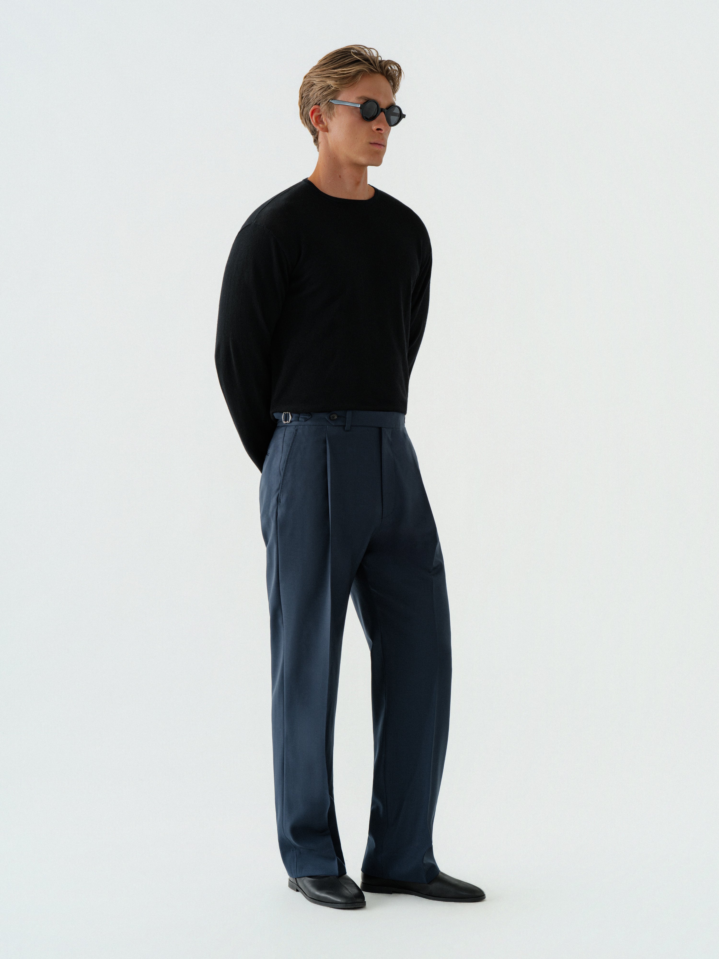 Navy Wool Trousers (Wide Fit)