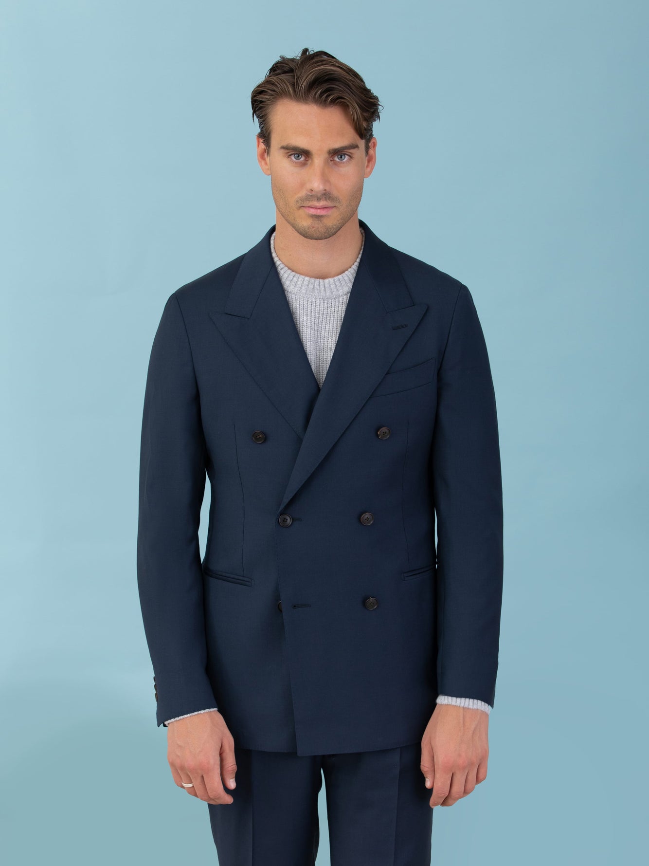 Grand Le Mar | Navy Super 130's Wool Double-Breasted Jacket.