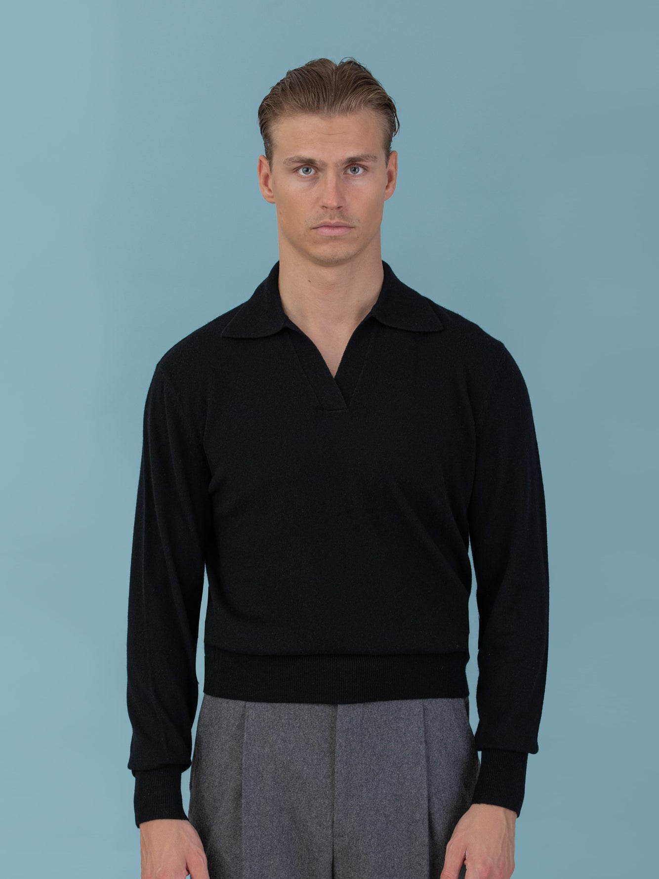 Black Merino Wool Cashmere Polo Long Sleeve - Grand Le Mar