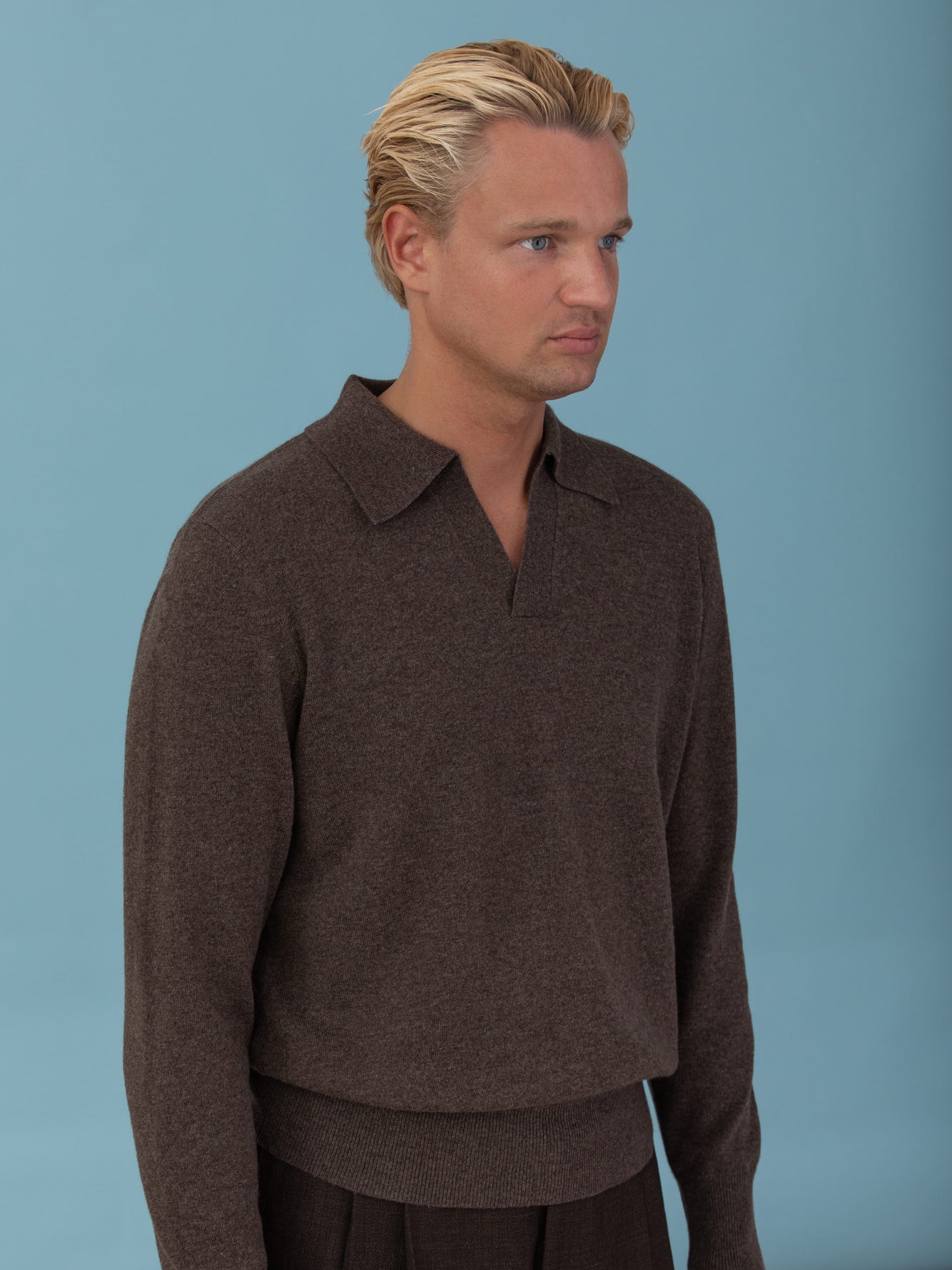 Brown Merino Wool Cashmere Polo Long Sleeve - Grand Le Mar