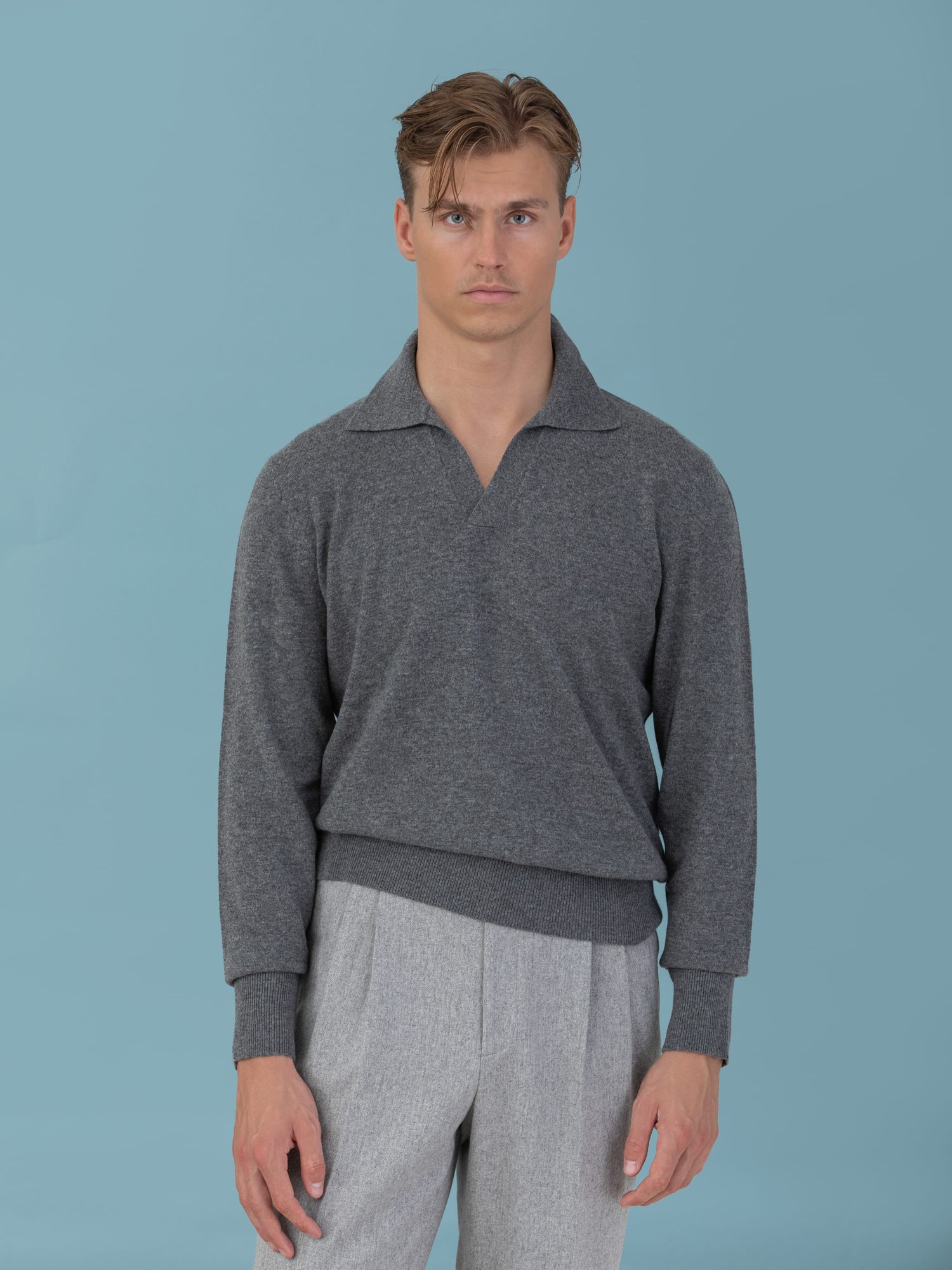 Grey Merino Wool Cashmere Polo Long Sleeve - Grand Le Mar