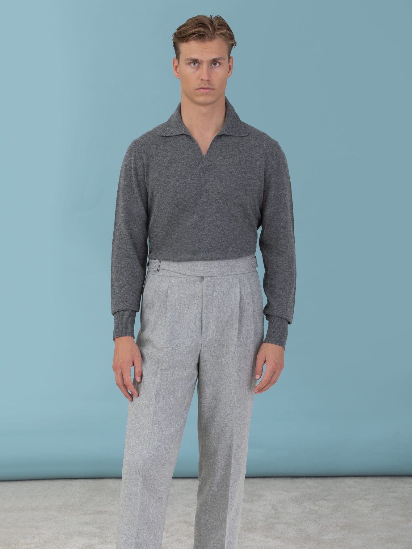 Grey Merino Wool Cashmere Polo Long Sleeve - Grand Le Mar