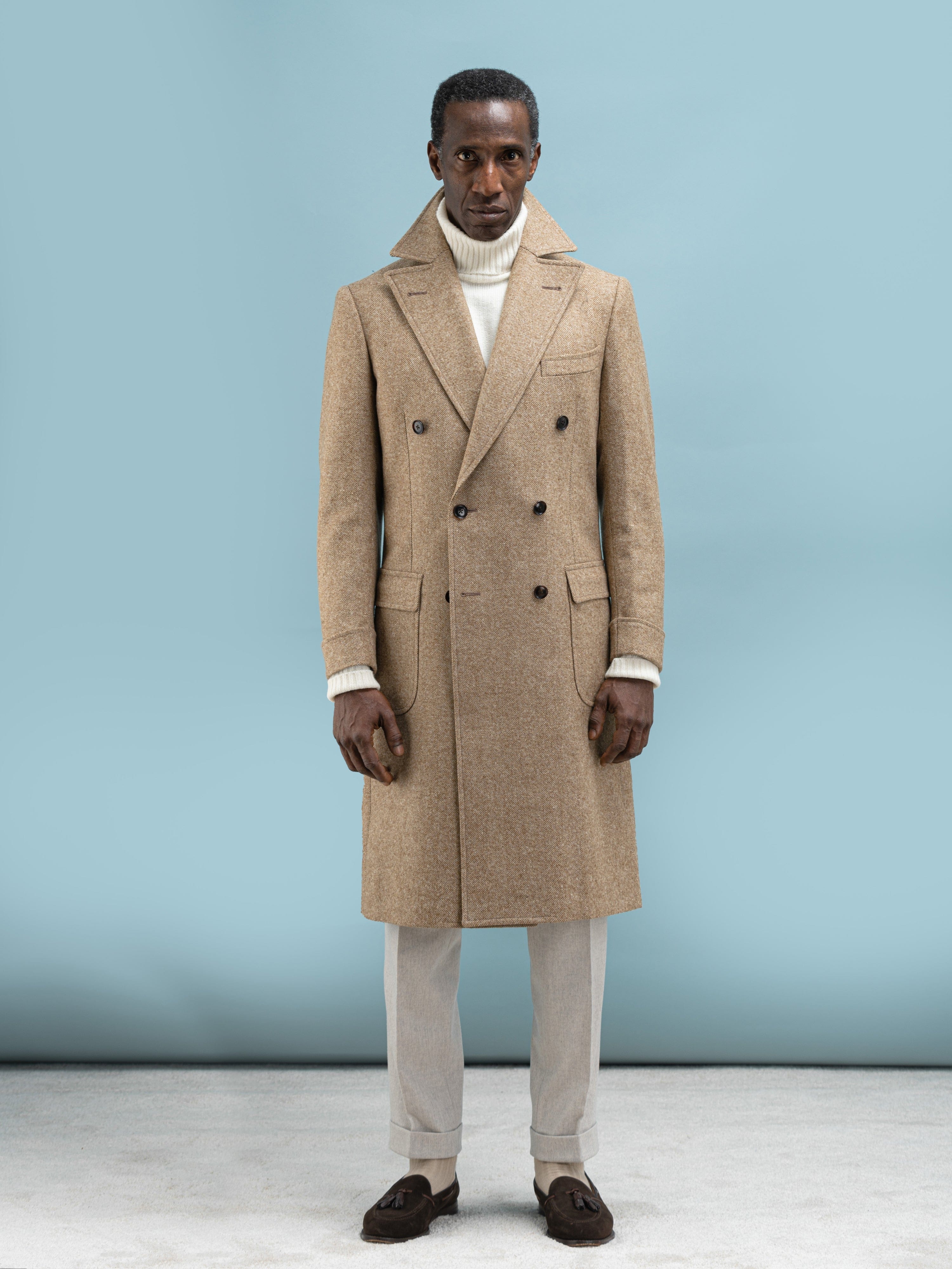 Grand Le Mar Herringbone Beige Wool Double Breasted Coat