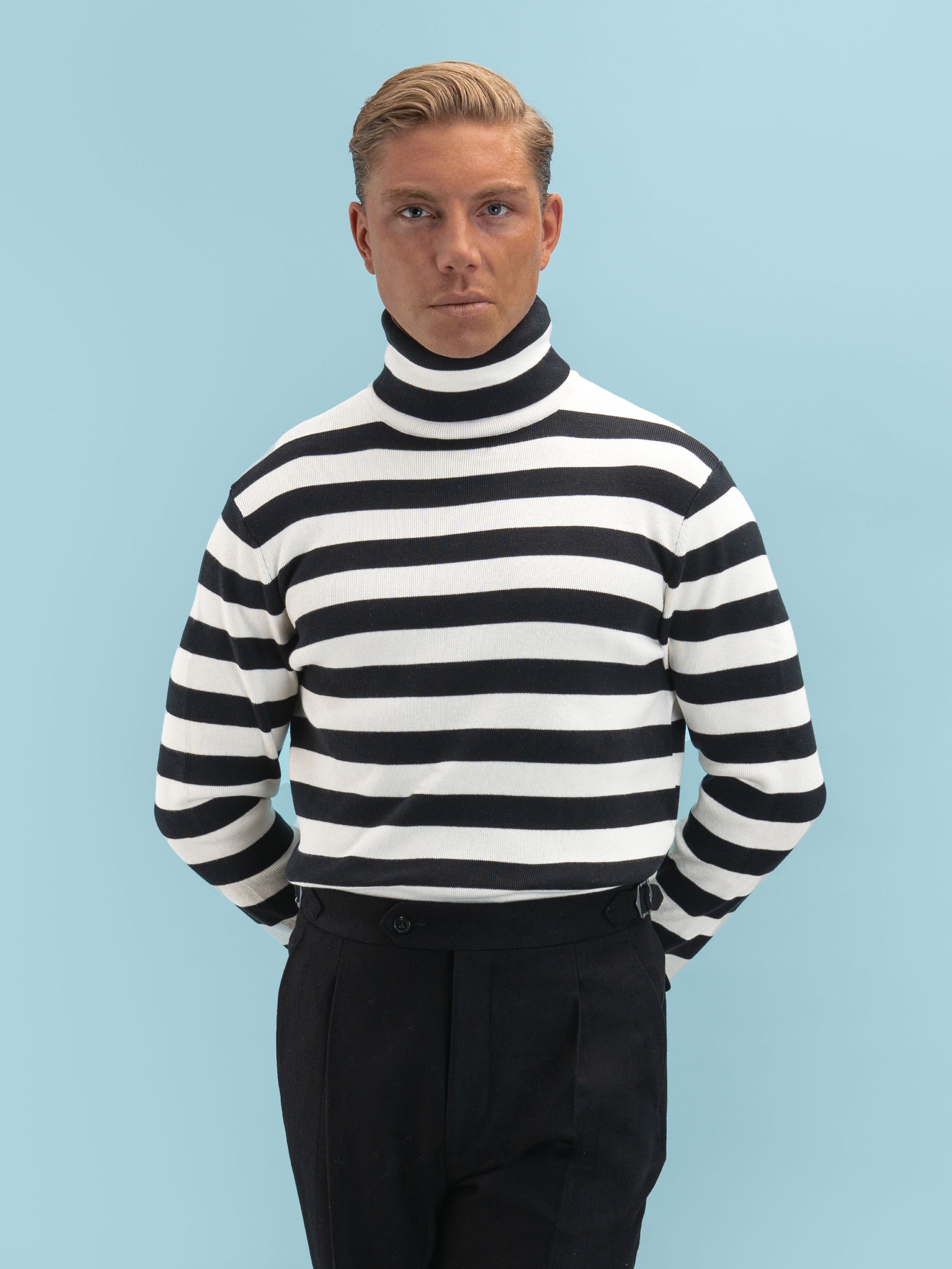 Black and white striped roll neck best sale