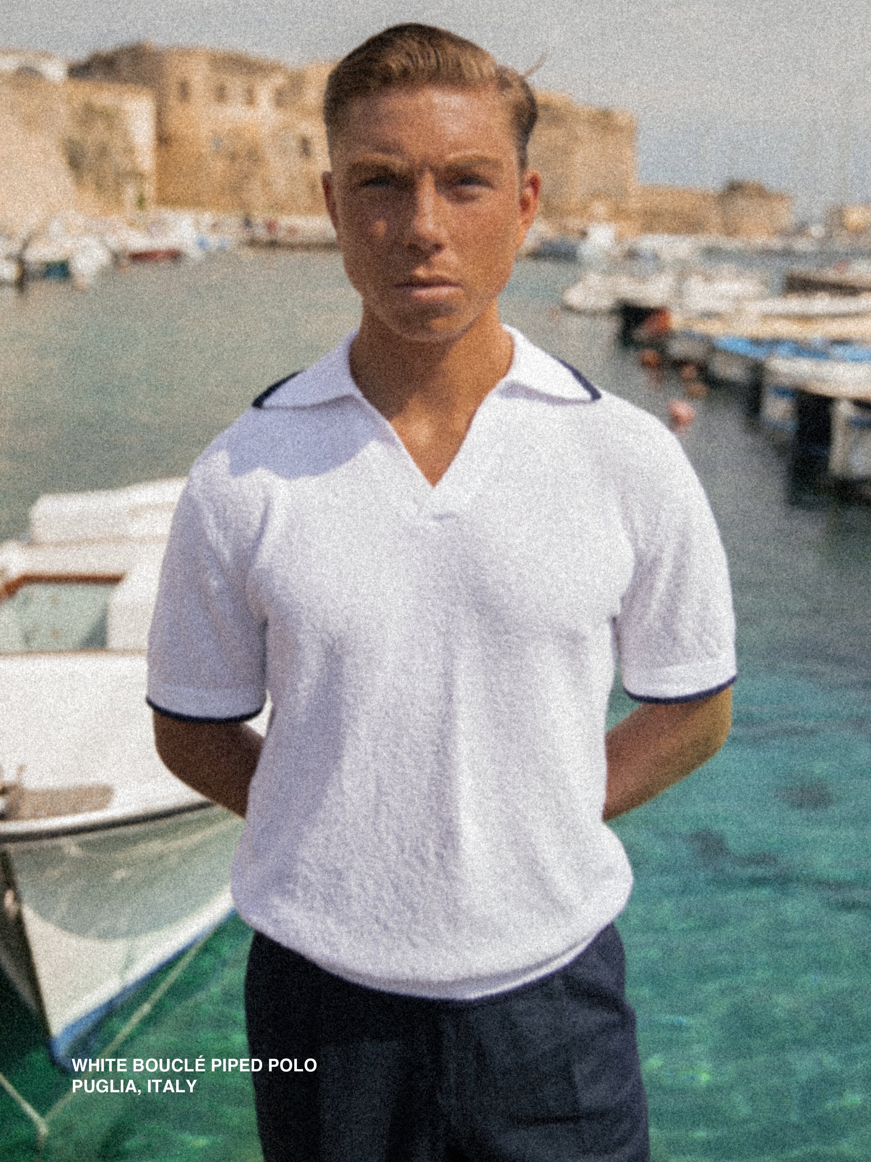 White Bouclé Piped Polo - Grand Le Mar